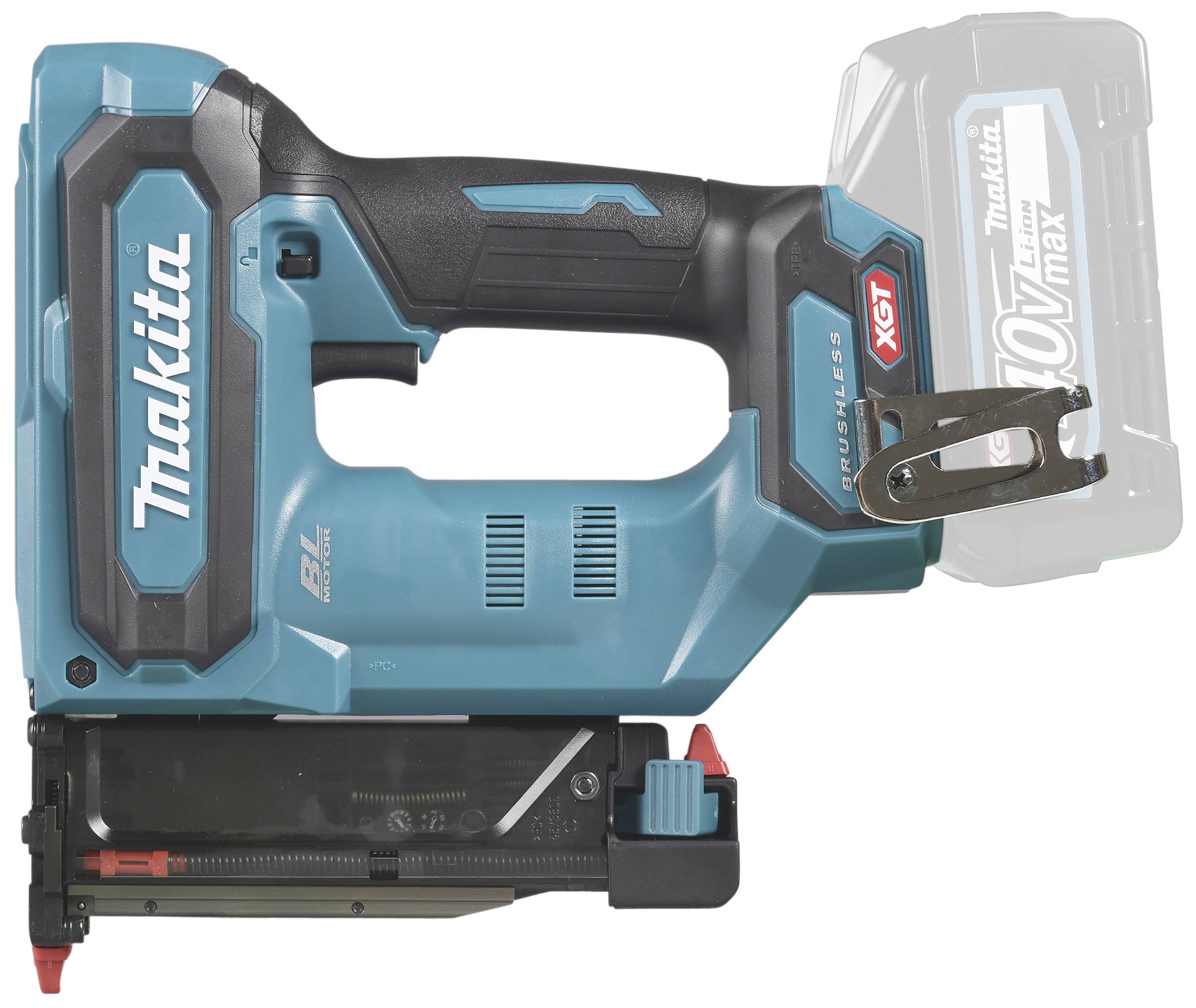 Akkubetriebener Nagler in Blau und Schwarz, Modell von Makita, zeigt den Griff, Nagelmagazin und die Stelle für den Akku.