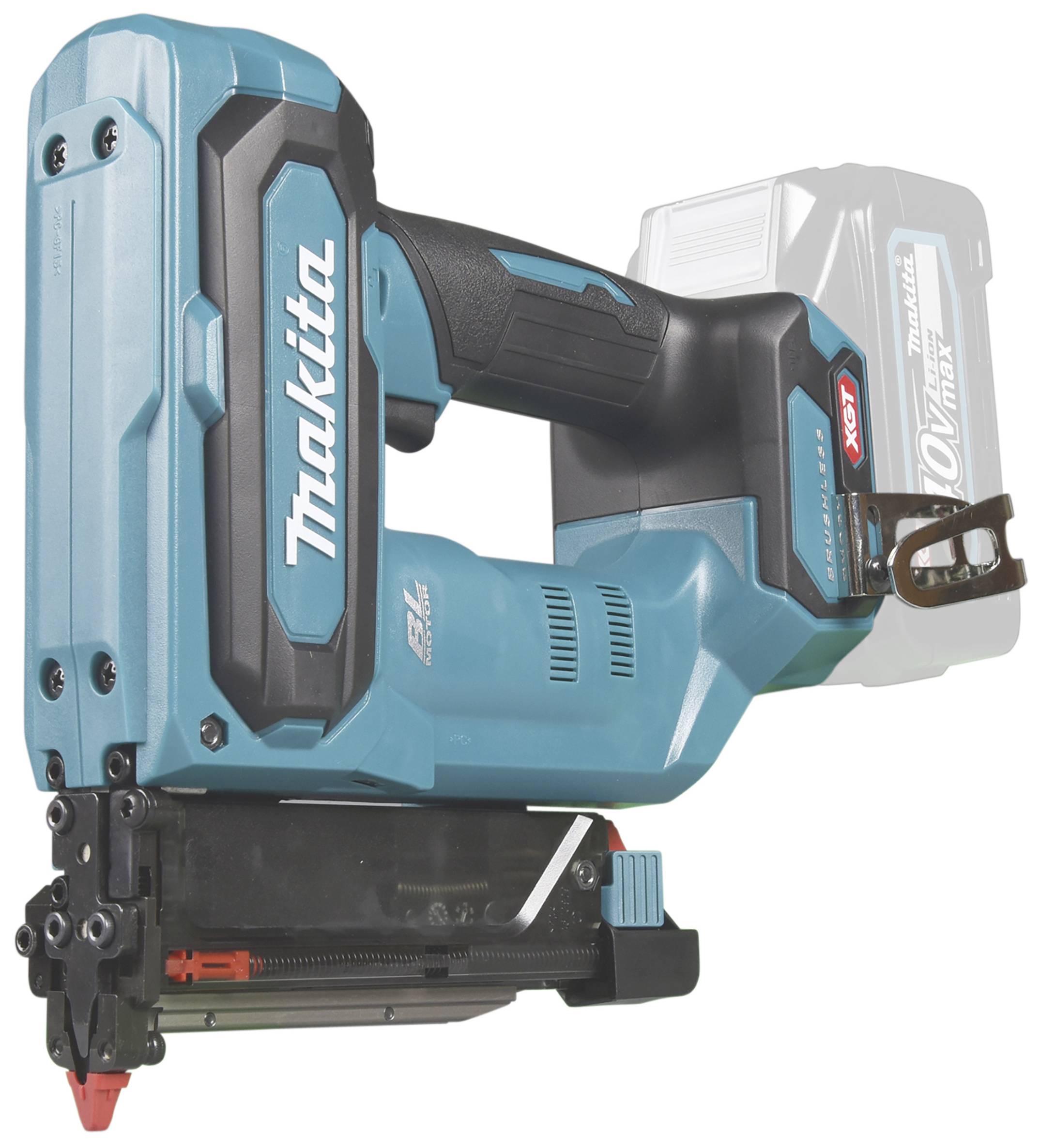 Akku-Nagelpistole von Makita in blau-schwarzem Design, zeigt die Kartuschenaufnahme und den Griff. Akku ist nicht enthalten.