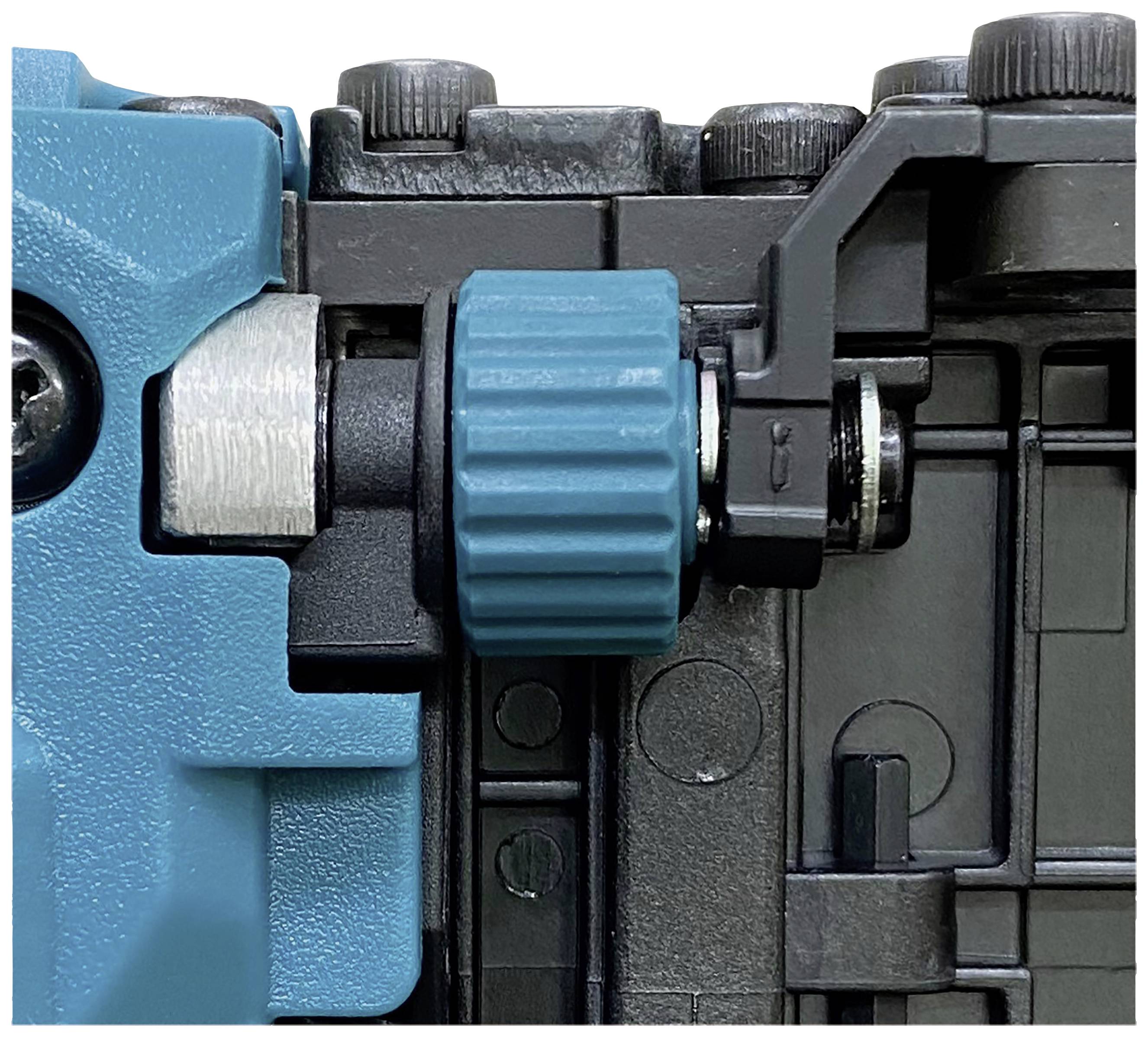 Nahaufnahme eines blauen Elektrowerkzeug-Teils mit einem gerippten Drehknopf und Metallkomponenten.
