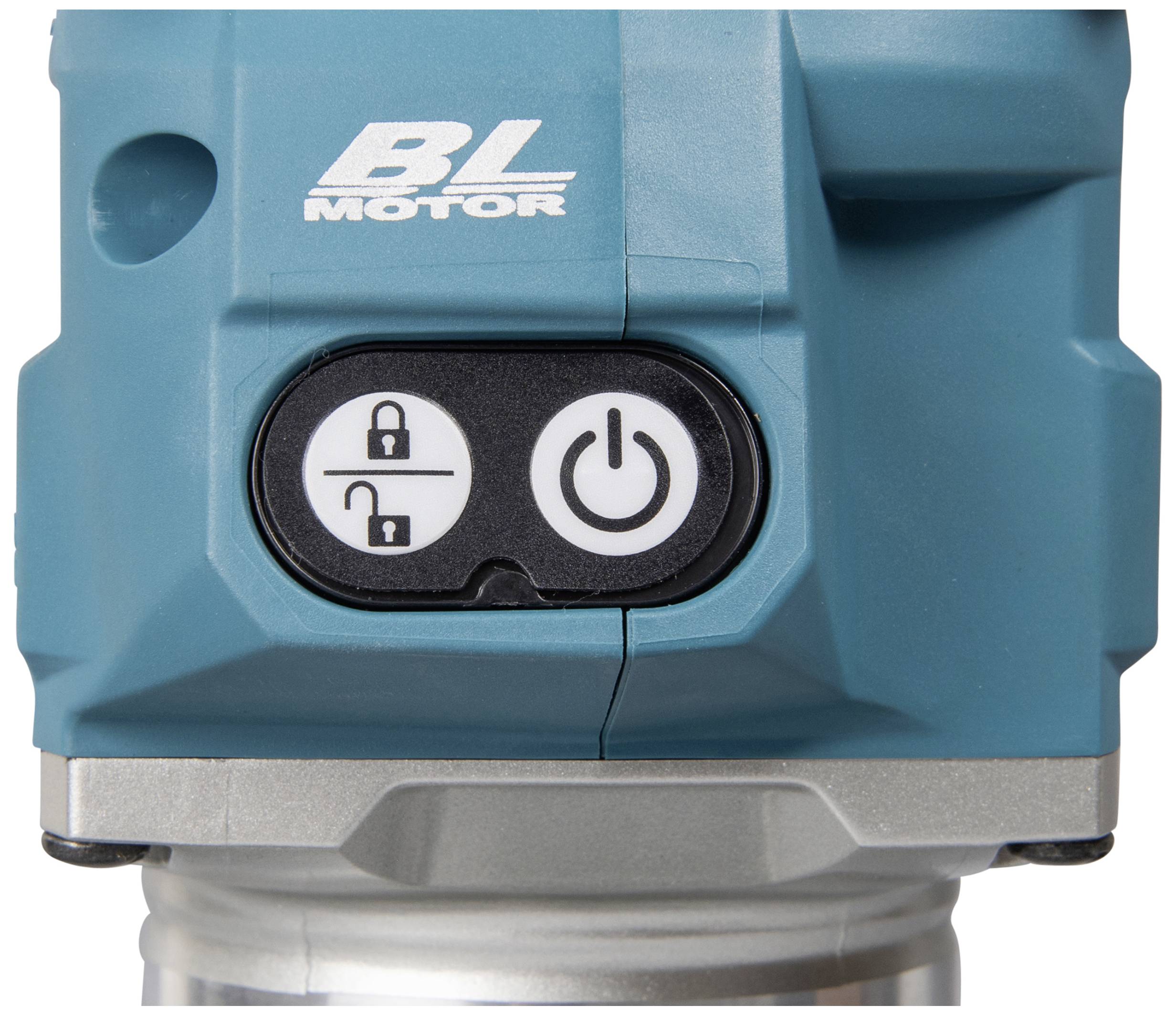 Ein blauer motorbetriebener Schalter mit 'Ein/Aus'-Symbol und zwei Symbolen für offen und geschlossen auf einer Metallschnittfläche.