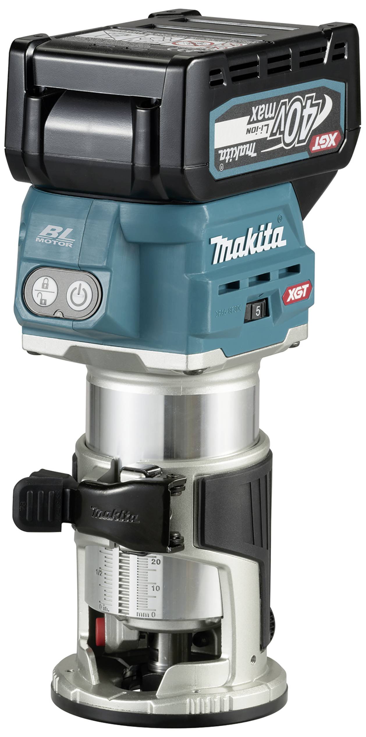 Elektrohandfräse von Makita, Modell '40V Max', in türkis und silber. Gerät ist kabellos, mit einstellbarer Tiefenskala.