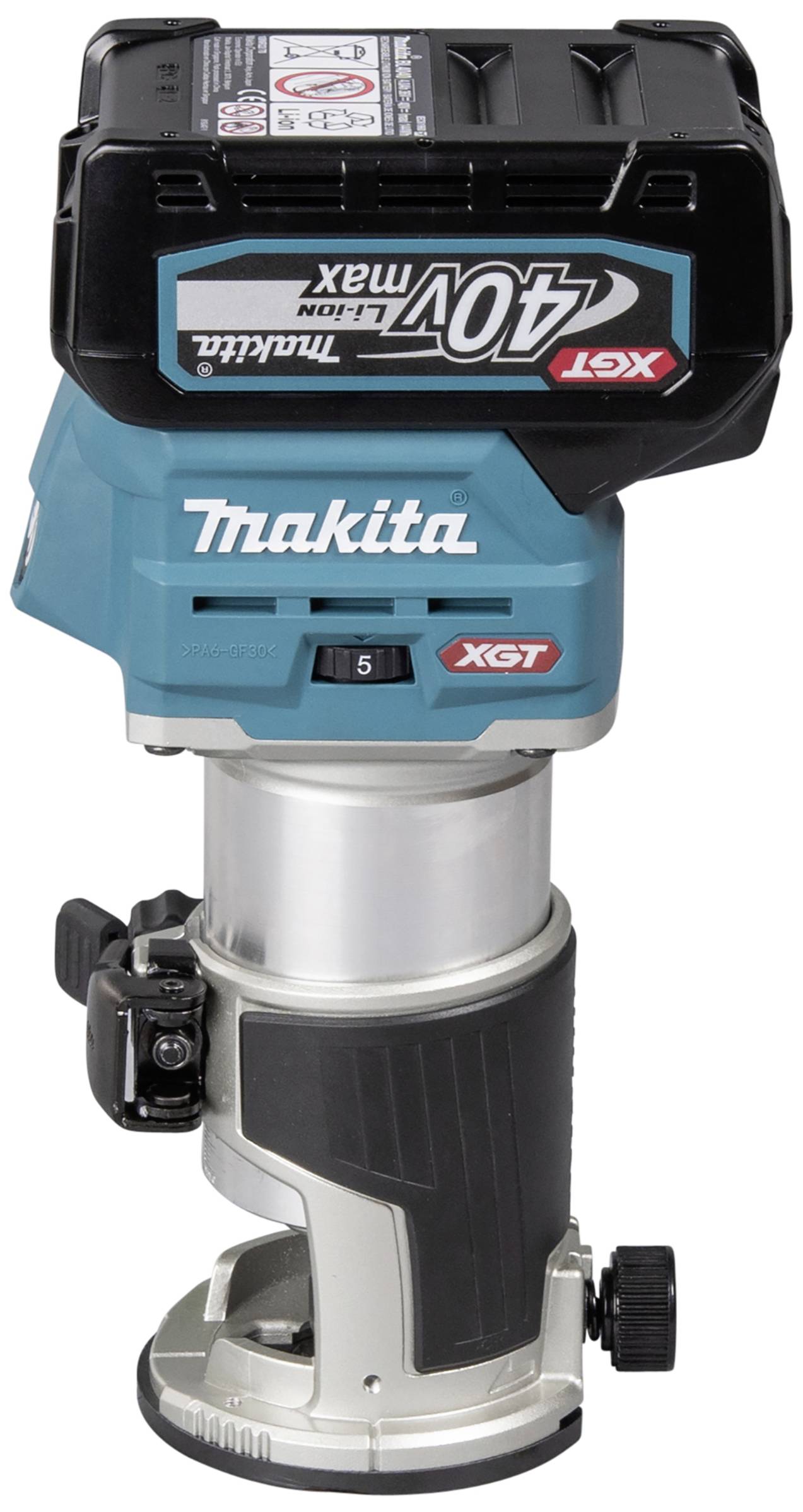 Oberfräse von Makita mit 40V Akku und blauer Gehäusefarbe, geeignet für präzise Holzarbeiten.