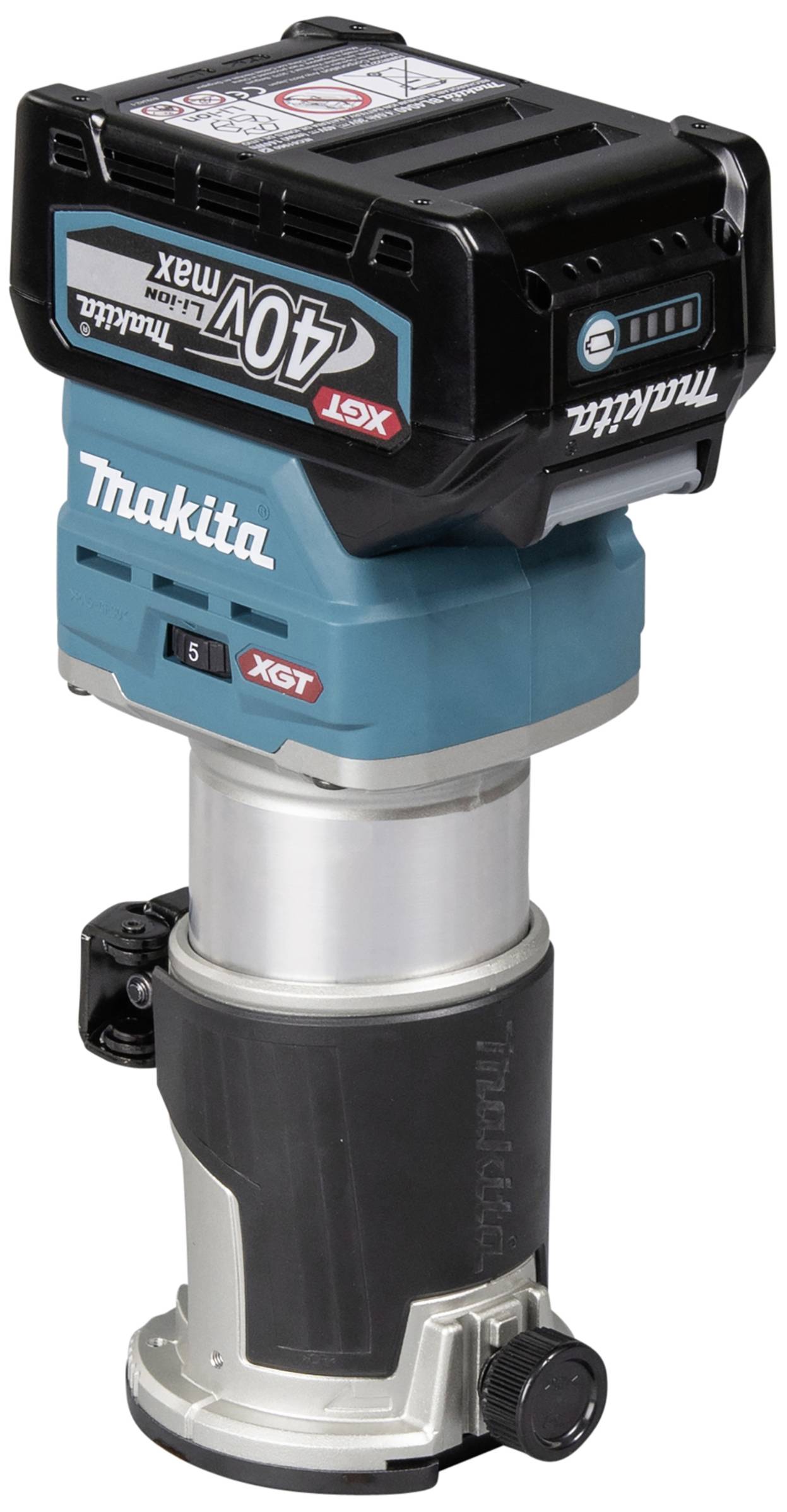 Ein Akku-Kantenfräser von Makita mit 40V Max Leistung. Das Gerät ist kompakt und kabellos, geeignet für präzise Holzarbeiten.