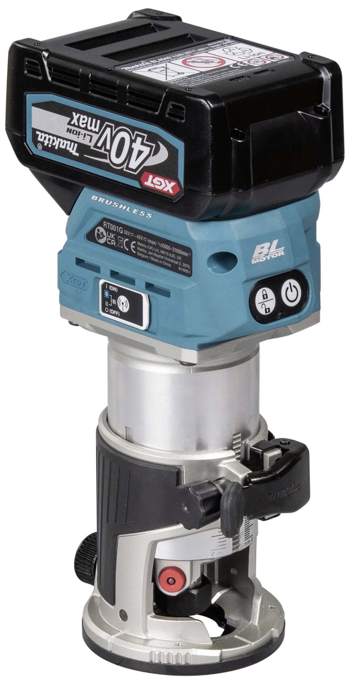 Ein kabelloser Trimmer von Makita mit 40V Max XGT Technologie, in blauer und schwarzer Farbe, geeignet für Feinarbeiten in der Holzverarbeitung.
