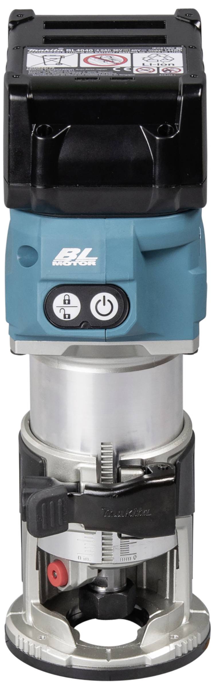Ein handgeführter blauer und silberner Elektrohobel, geeignet zum Glätten und Formen von Holzoberflächen, mit einstellbarem Schnitttiefenregler.