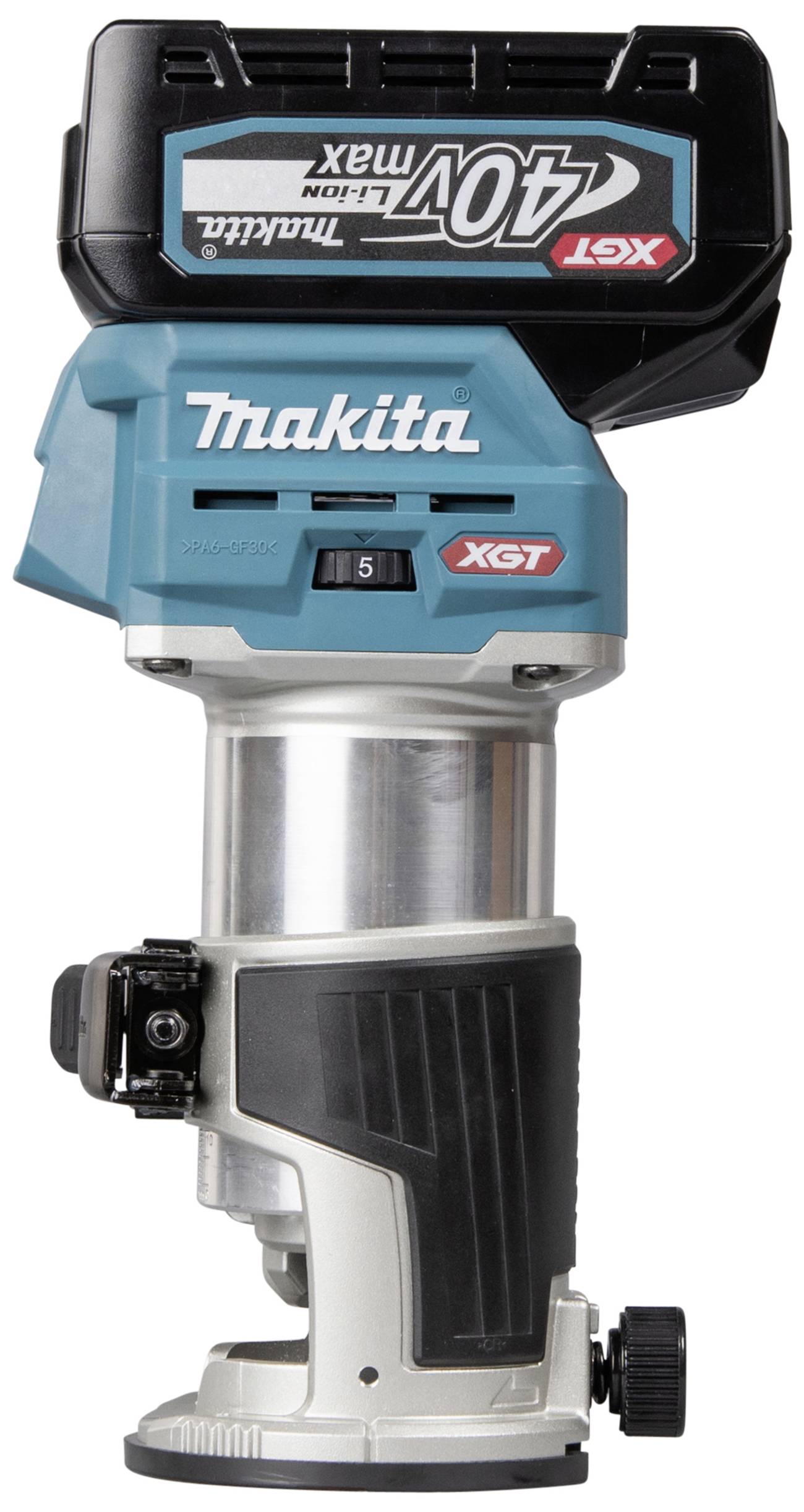 Ein kabelloser Makita Fräsmotor der XGT-Serie, 40V Max, mit blauem Gehäuse und schwarzem Griff, geeignet für Präzisionsfräsarbeiten.