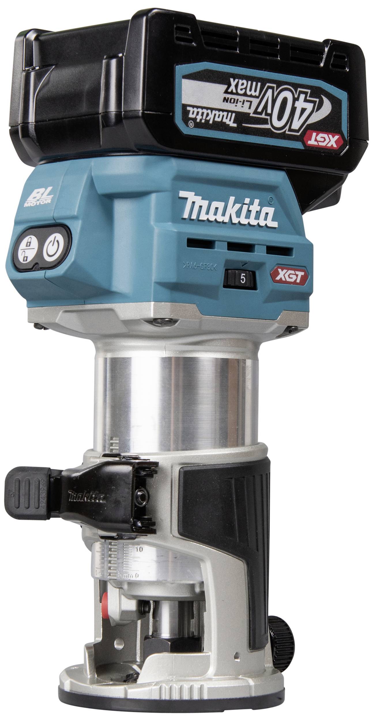Ein blauer, kabelloser Makita-Fräsmotor mit 40V-Batterie, Modell XGT. Er hat einen Metallkörper und ist für Präzisionsarbeiten geeignet.