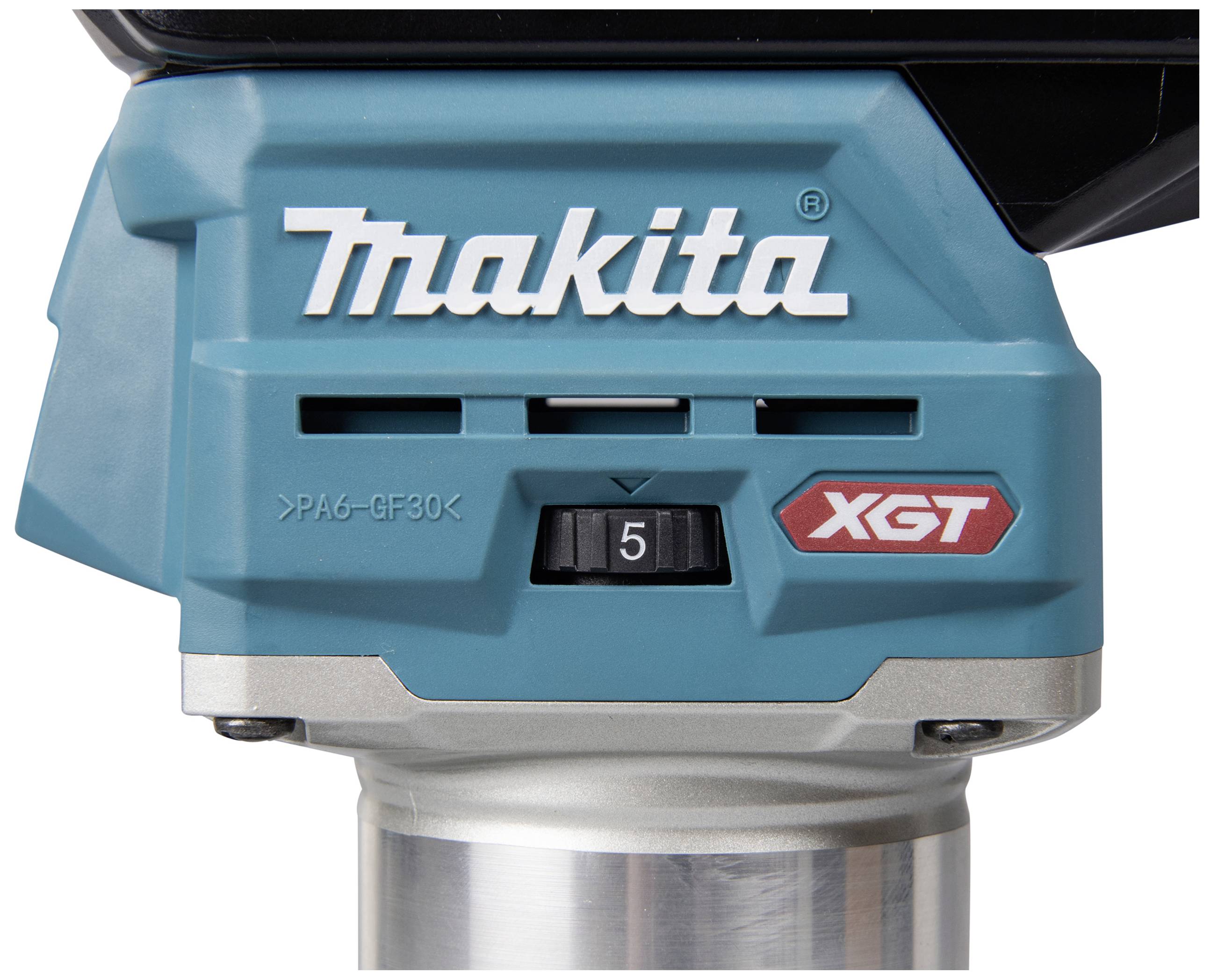 Ein blauer Makita XGT-Geräteteil mit einem Drehzahlregler auf Stufe 5, darunter das Modell 'PA6-GF30'.