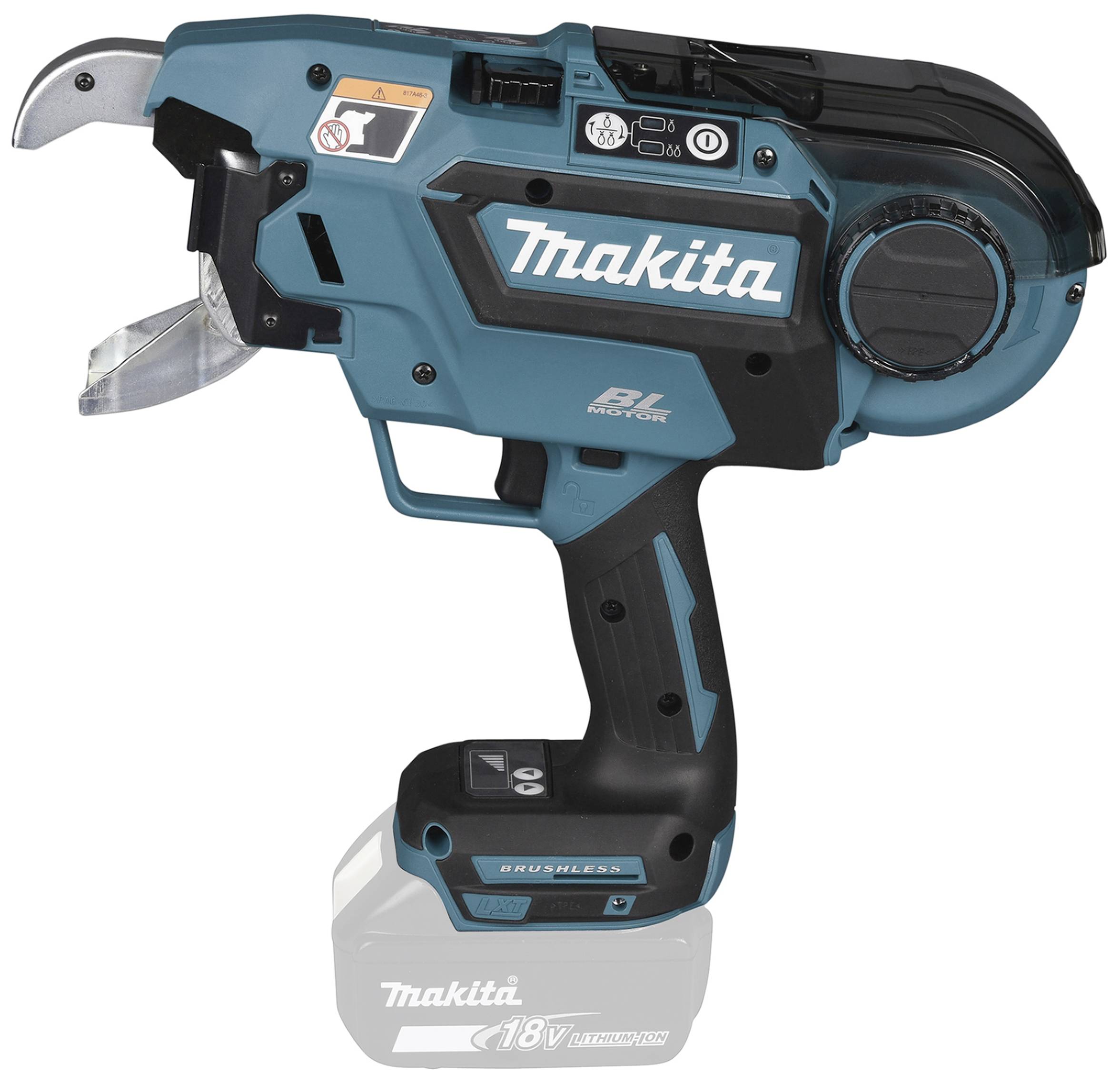 Akku-Kartonschneider in türkis mit schwarzem Griff, kompakt, von der Marke 'Makita', verwendet zum effizienten Schneiden von Kartonmaterialien.