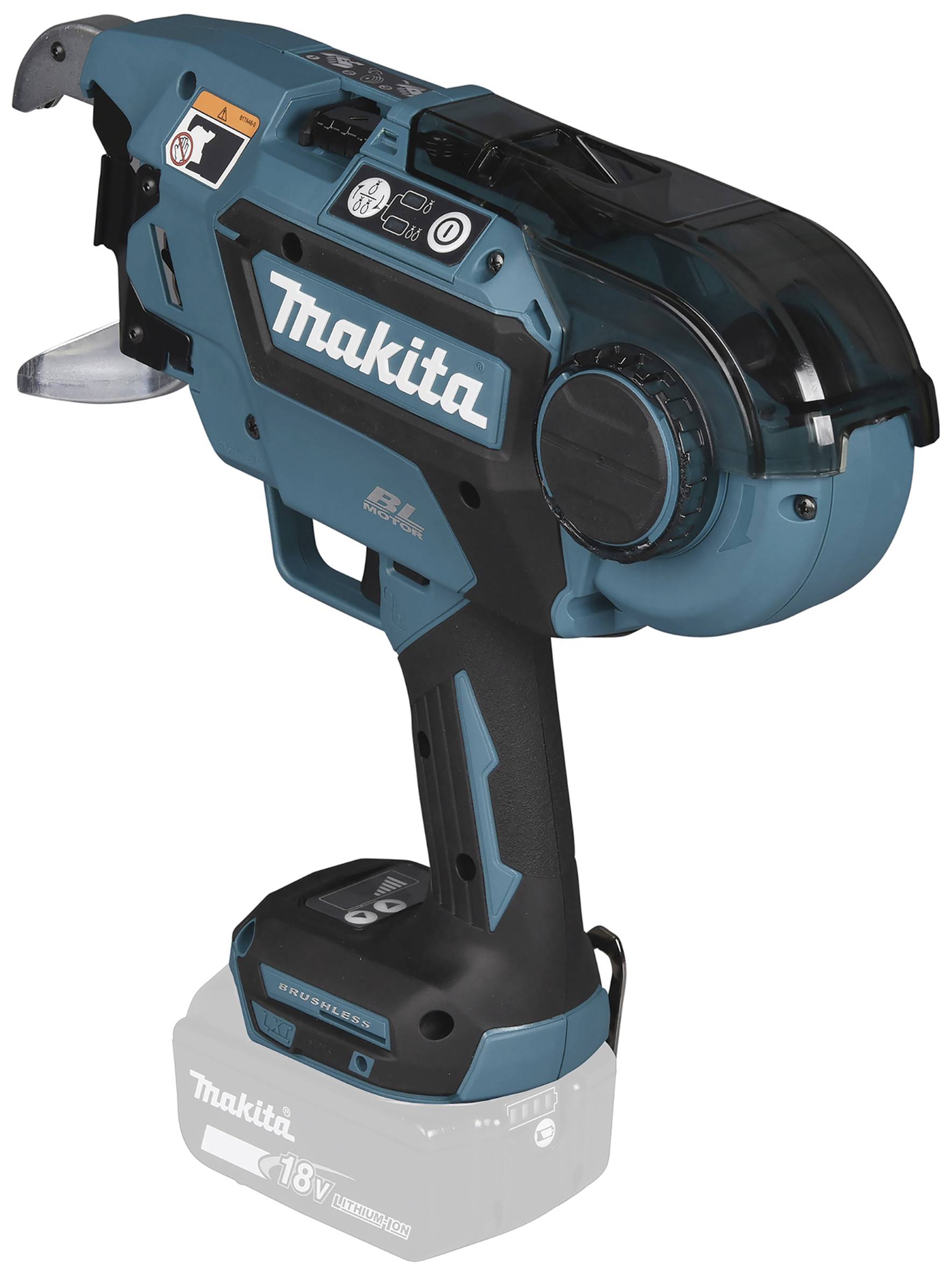 Ein elektrisches Werkzeug, wahrscheinlich von Makita, im Profil. Es scheint ein Akkuwerkzeug zu sein, möglicherweise für den Bau oder Heimwerkerarbeiten geeignet.