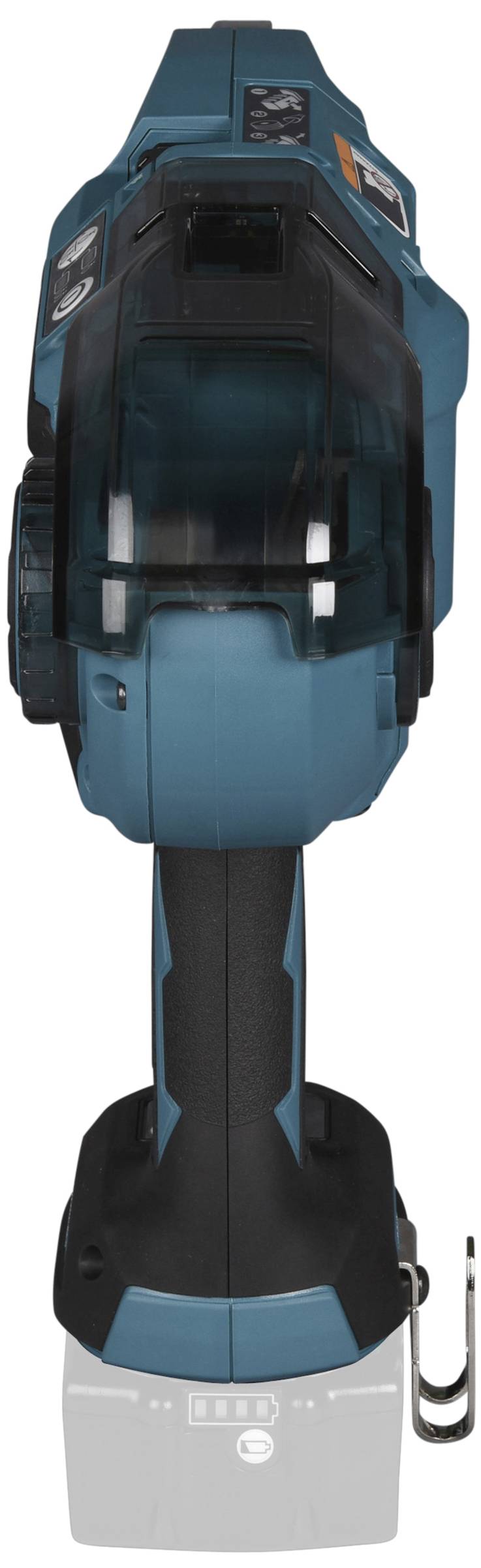 Ein blauer, kabelloser Elektrowerkzeug-Griff von hinten gesehen. Der Fokus liegt auf der Form und dem ergonomischen Design des Werkzeugs.