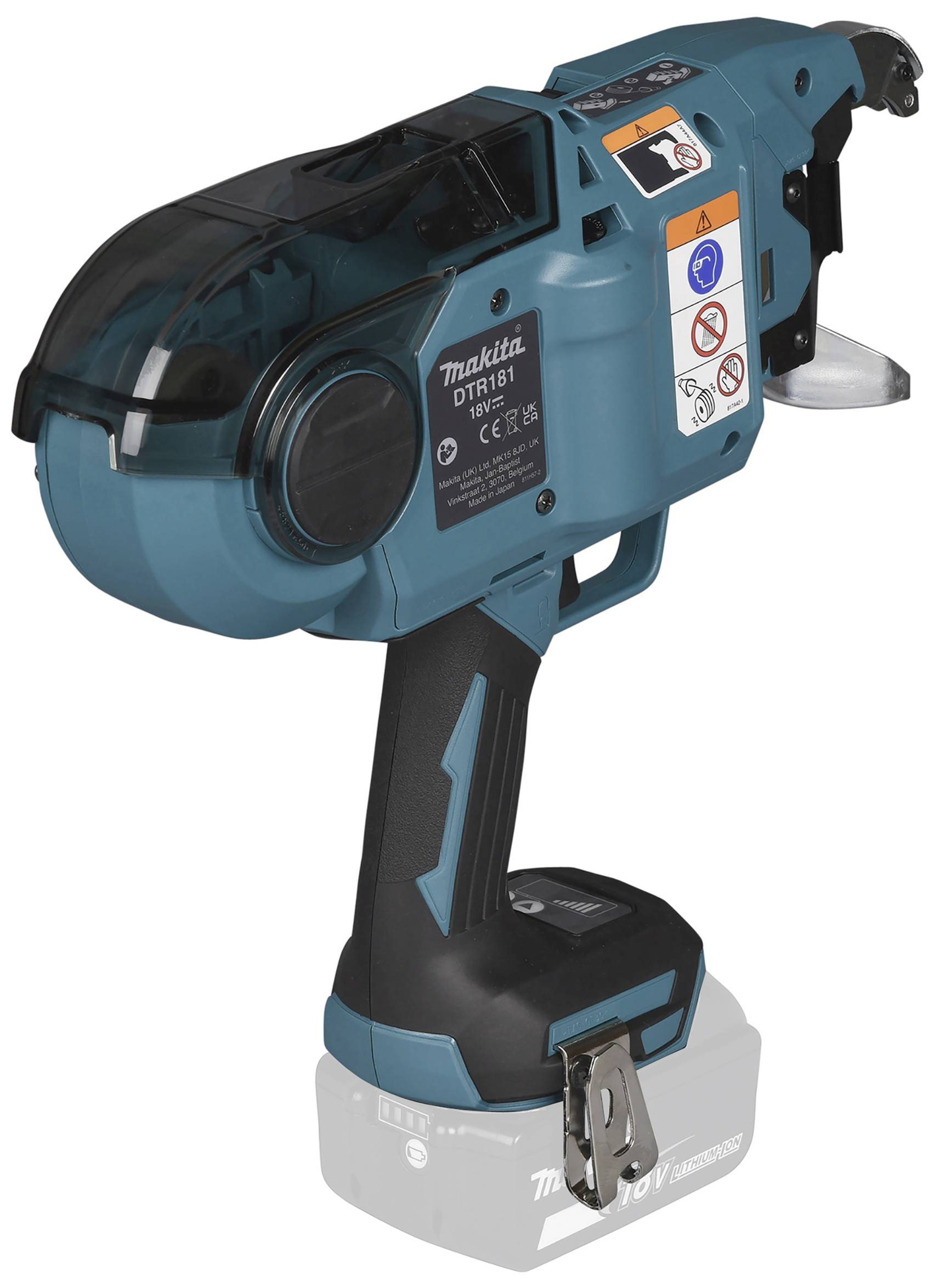 Ein blaues Handgerät zum Binden von Bewehrungsstahl, tragbar mit ergonomischem Griff und mehreren Sicherheitswarnungen auf der Seite.