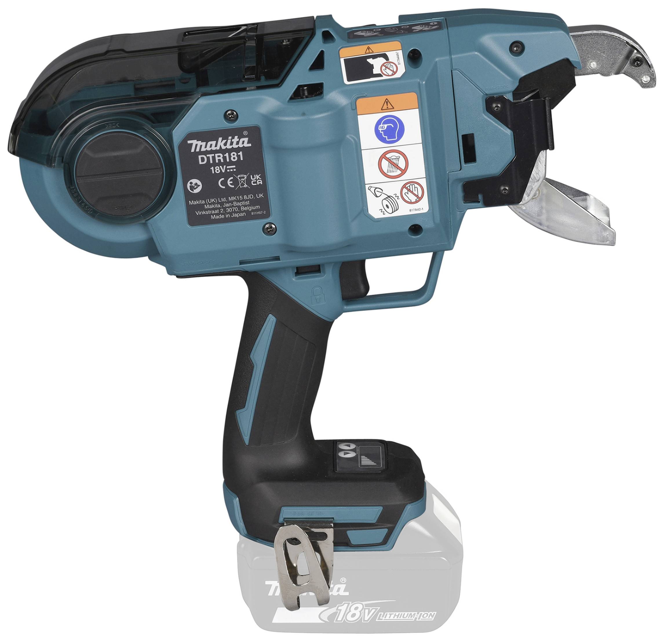 Ein kabelloses, blau-schwarzes Elektrowerkzeug von Makita, Modell DTR181, mit Sicherheitsaufklebern und ergonomischem Griff.