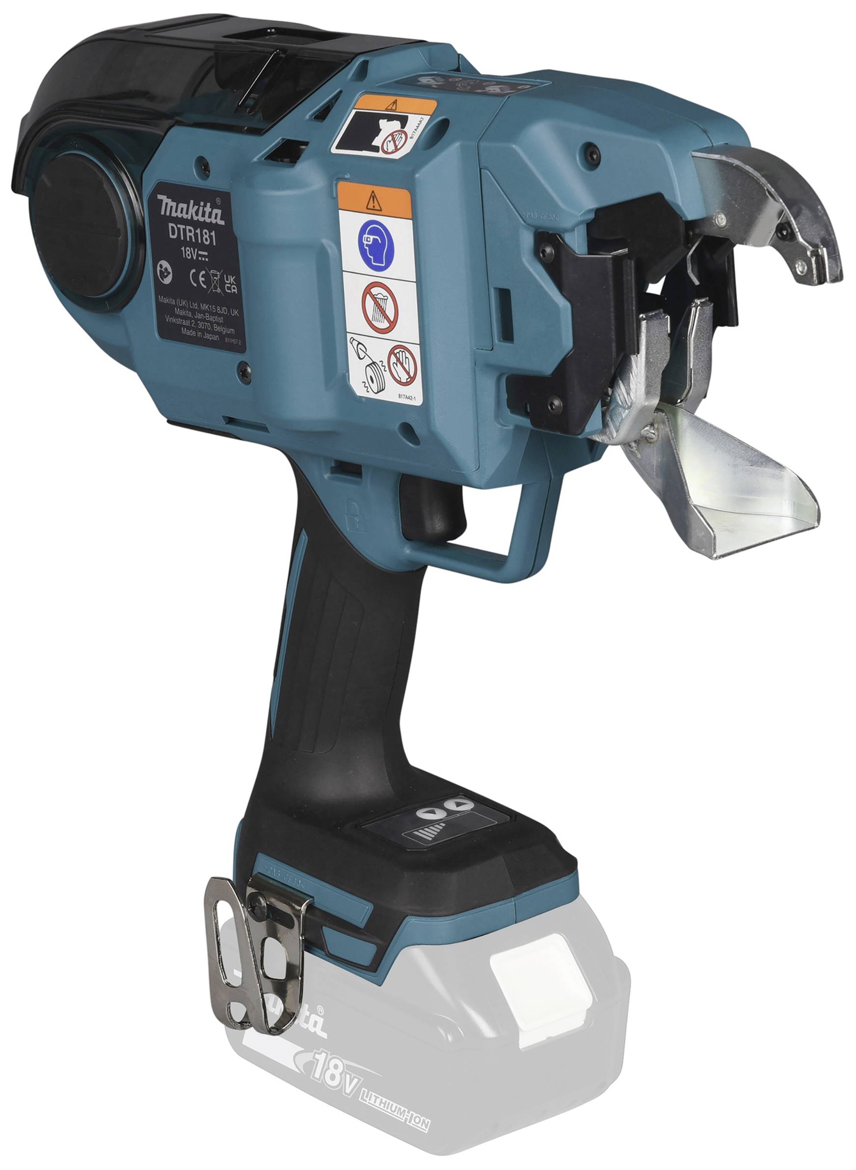 Elektrisches Werkzeug mit blauem Gehäuse, geeignet zum Abbinden von Betonstahl. Anzeige von Sicherheitsaufklebern und Handgriff.