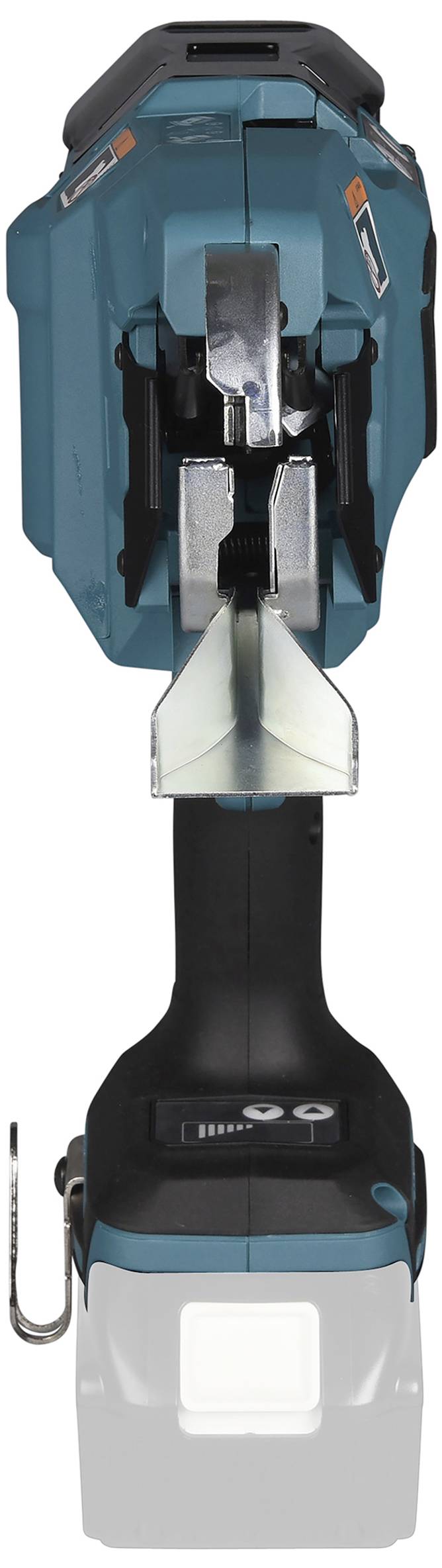 Ein blau-schwarzes elektrisches Schneidegerät mit Metallklinge und Griff, vermutlich ein Werkzeug für präzise Schneidearbeiten.