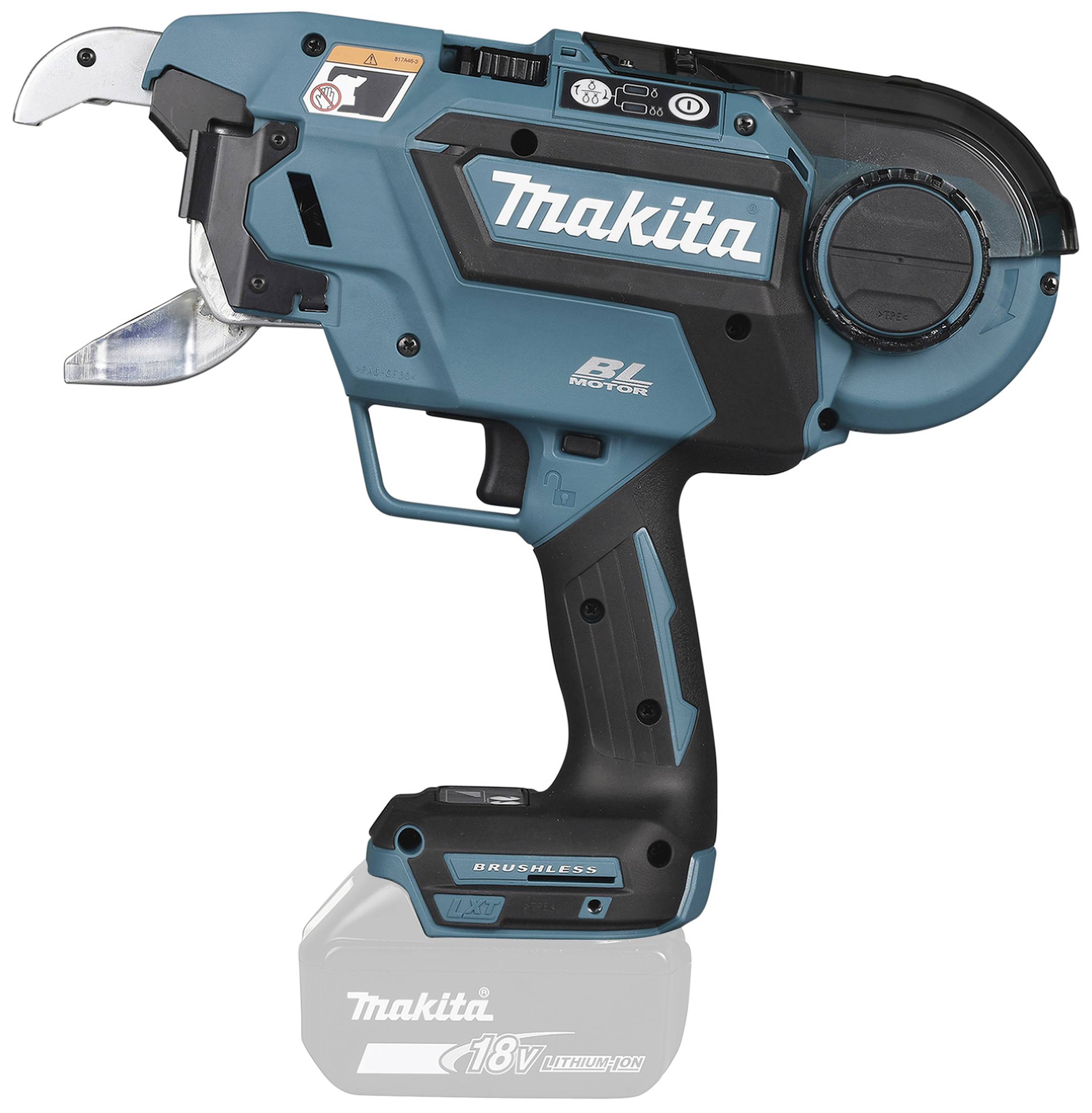 Ein kabelloses, blau-schwarzes Makita-Werkzeug mit ergonomischem Griff und Akku, verwendet für professionelle Anwendungen.