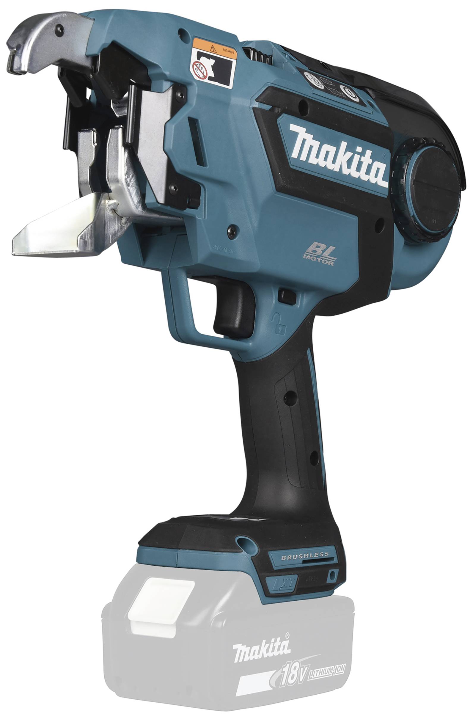 Ein elektrisches Werkzeug von Makita, kabellos und blau-schwarz, mit ergonomischem Griff und starkem Schneidebereich, Batteriefach unten.
