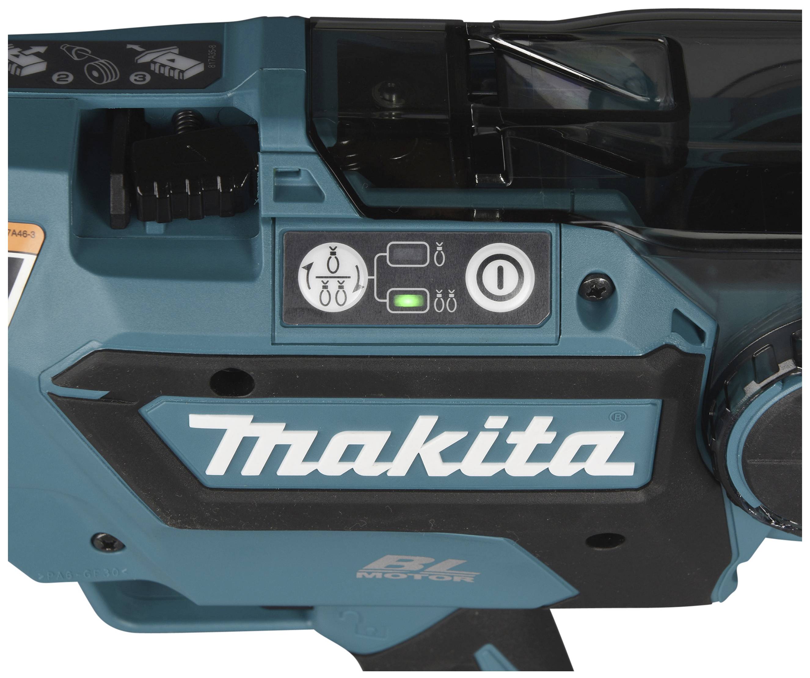 Ein Werkzeug in Türkis mit der Aufschrift 'Makita' und Knöpfen zur Steuerung. Ein Symbol zeigt eine dreistufige Funktion.