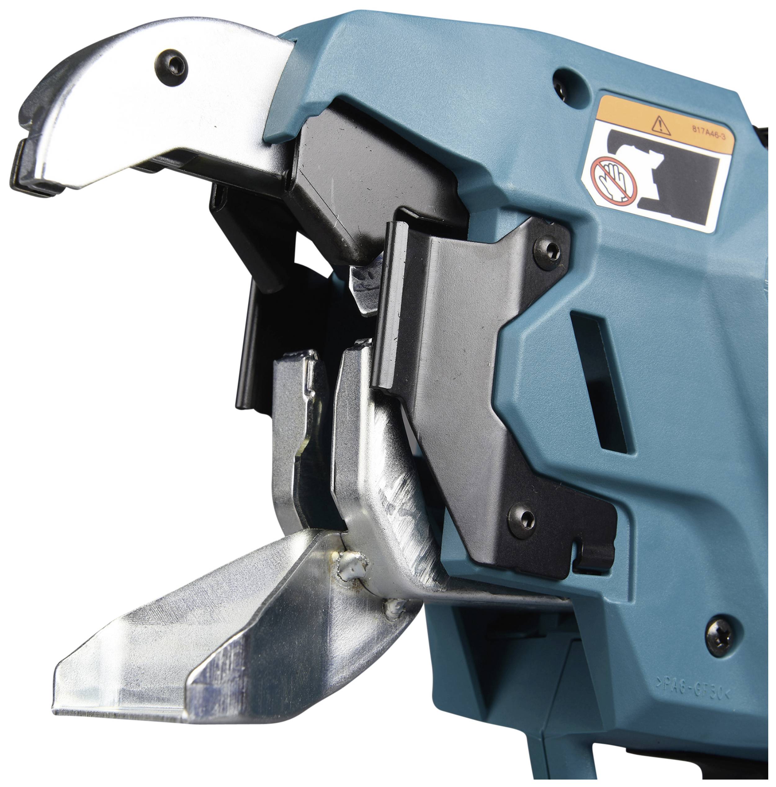 Ein Nahaufnahme eines blauen Metallwerkzeugs mit einer großen Zange. Oben ist ein Sicherheitshinweis-Symbol abgebildet.