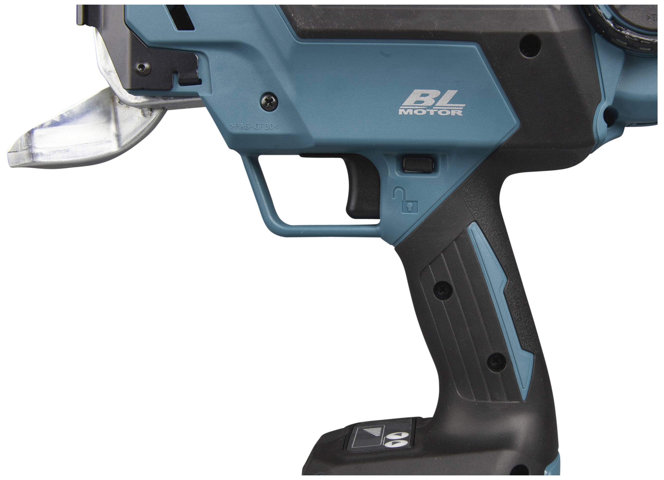 Nahaufnahme eines blauen Elektrowerkzeugs mit schwarzem Griff, darauf steht 'BL Motor'.