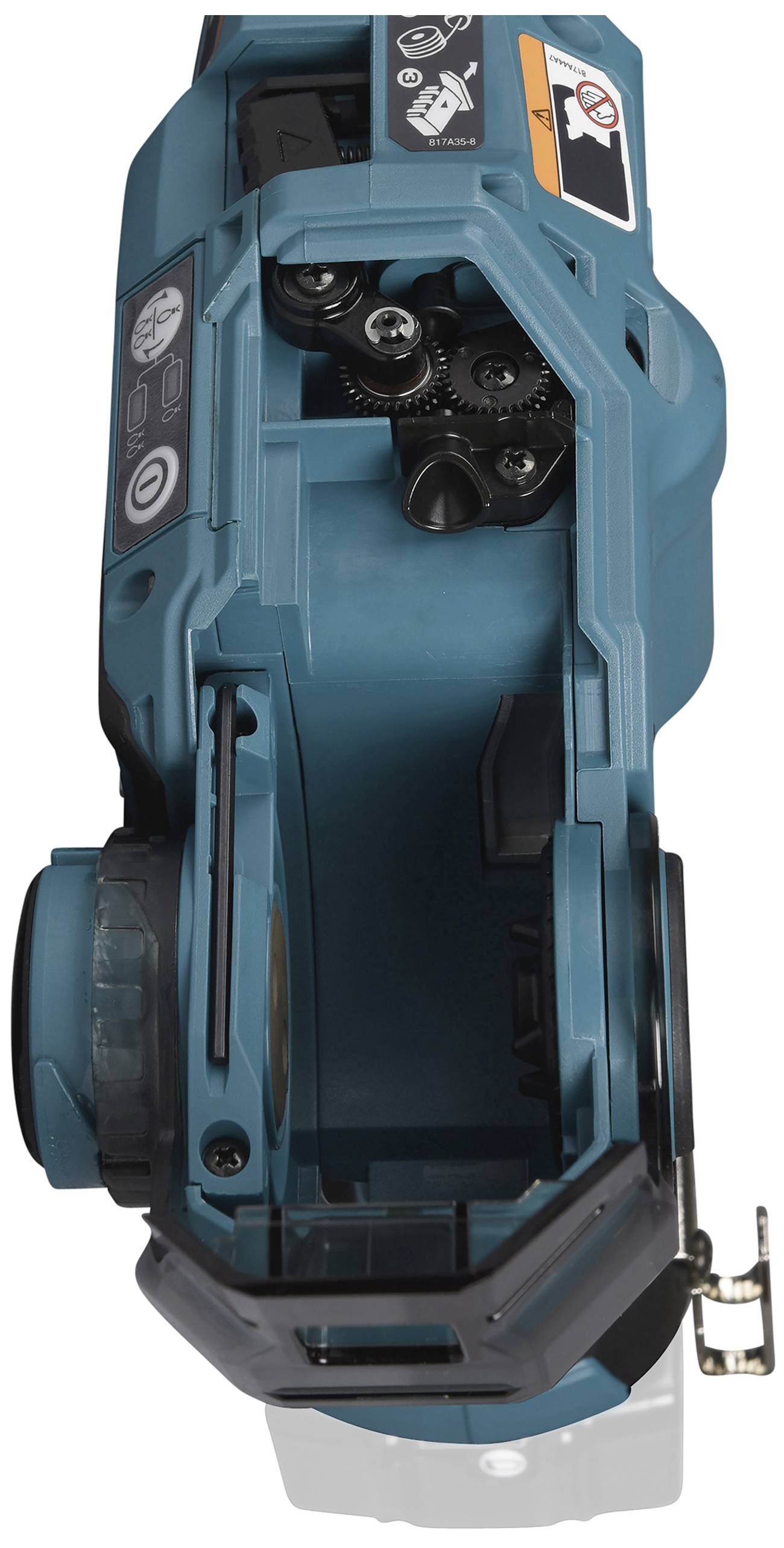 Ein handgeführtes Elektrowerkzeug mit offenem Gehäuse, das Zahnräder und Bedienknöpfe zeigt. Sicherheits- und Funktionssymbole sichtbar.