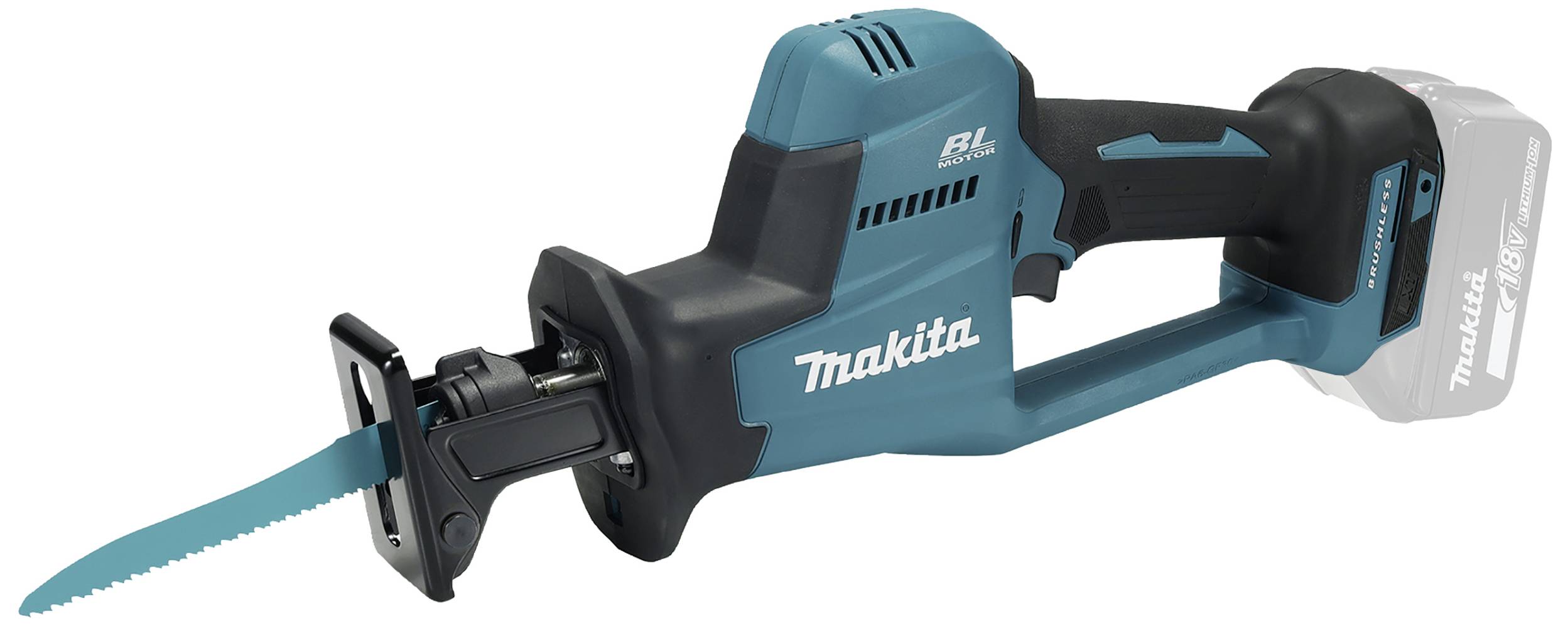 Akku-Säbelsäge in Blau und Schwarz von Makita, markantes Design mit Sägeblatt. Geeignet für universelle Schneidarbeiten.