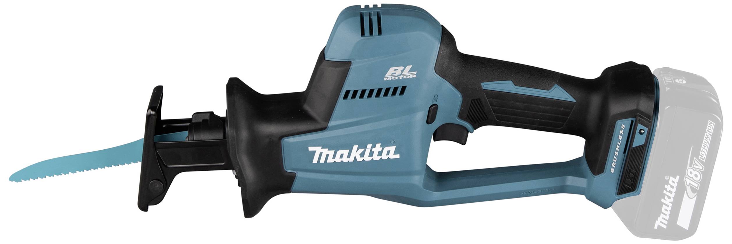 Eine akku-betriebene Makita Säbelsäge in Blau und Schwarz, ohne montierten Akku.