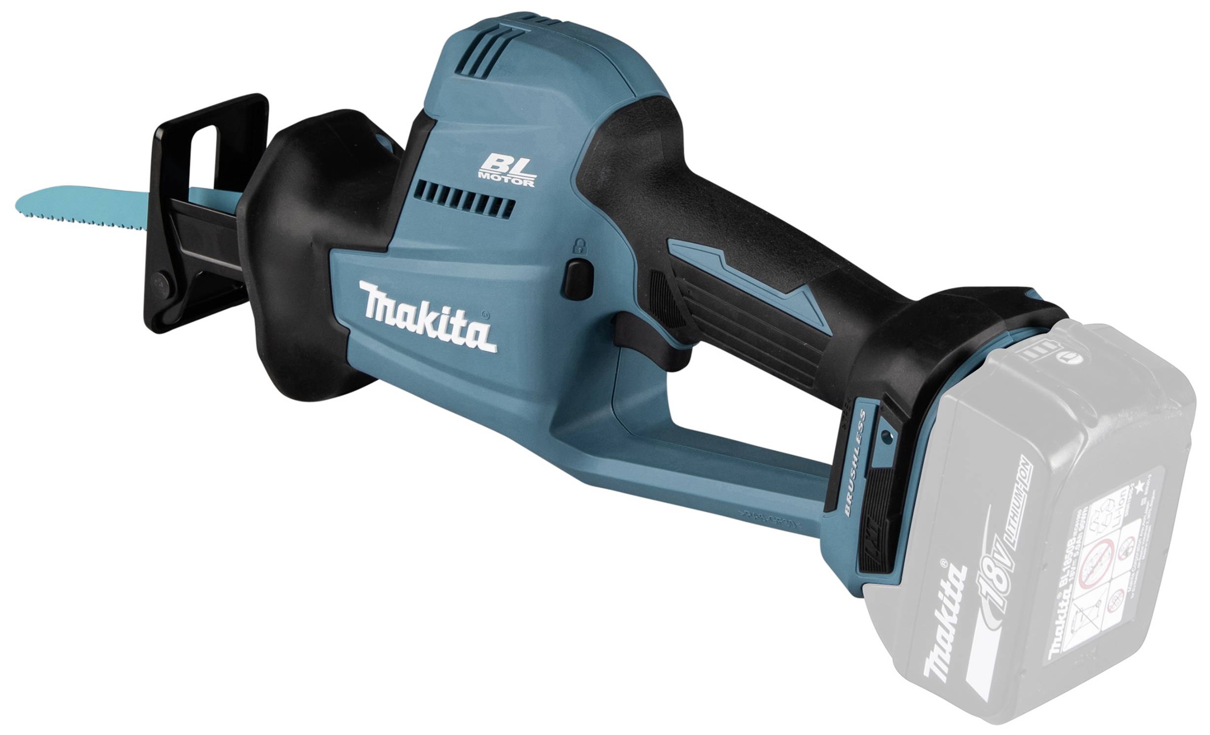 Ein akkubetriebener, blauer Makita-Handsäge mit ergonomischem Griff und abnehmbarer Batterie, geeignet für präzises Sägen.