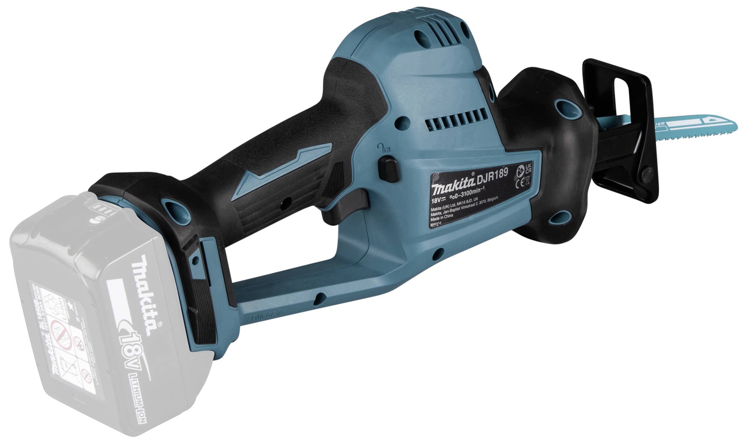 Akkubetriebener Astsäge in Blau mit ergonomischem Griff und sichtbarer Schnittstelle für einen 18V-Akku, der nicht abgebildet ist.