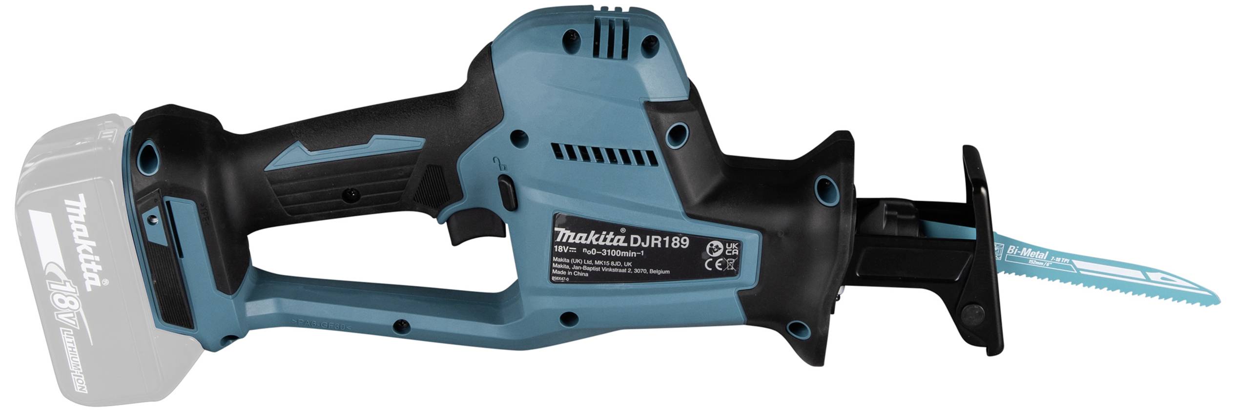 Eine blaue Makita Akku-Säbelsäge mit schwarzem Griff und Sicht auf ein Markenschild, Batteriefach links sichtbar.
