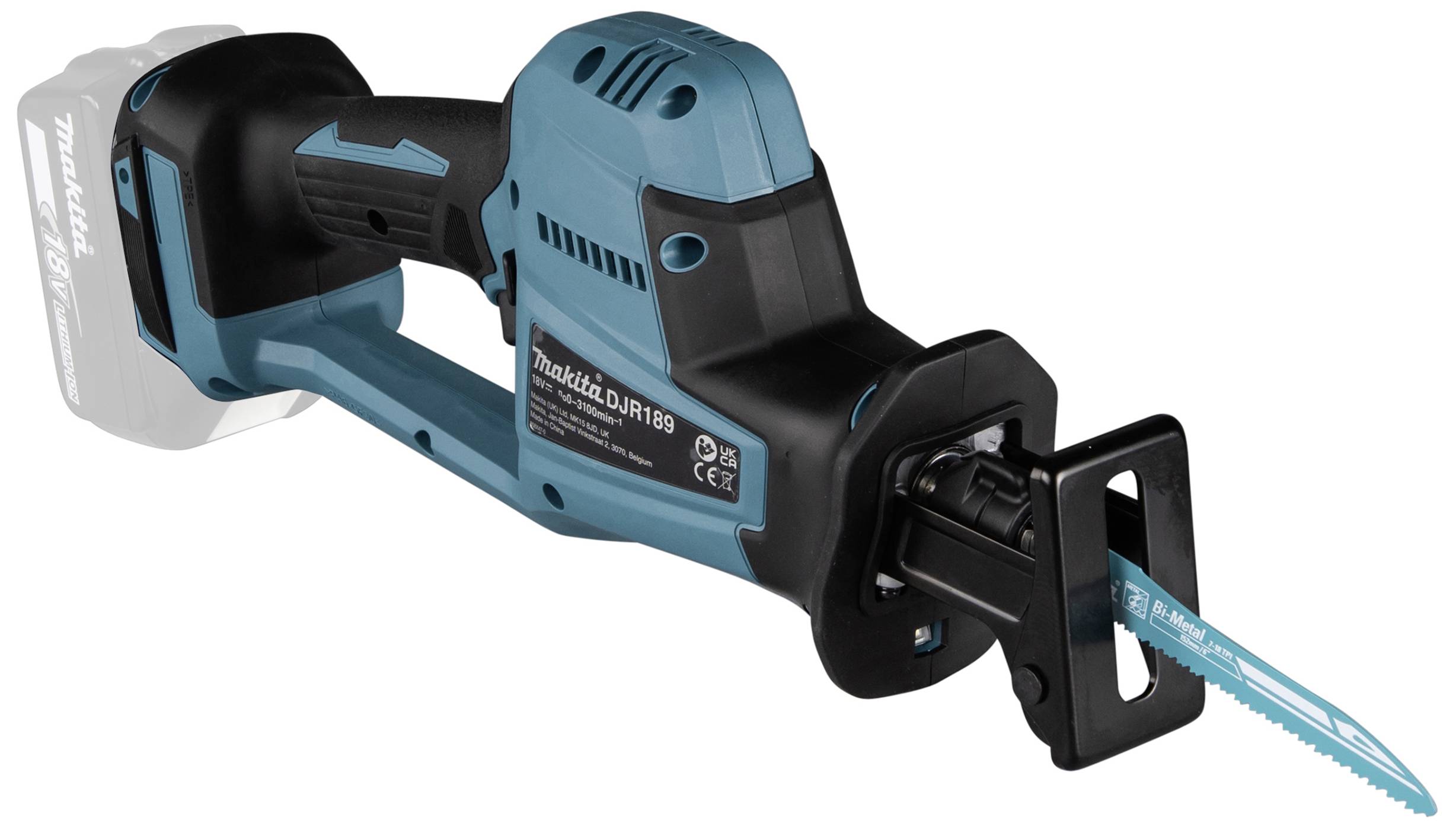 Eine kabellose Hand-Säbelsäge, Modellnummer 'DJR189', in Blau und Schwarz. Sie verfügt über ein sichtbares Sägeblatt und eine Batterieaufnahme.