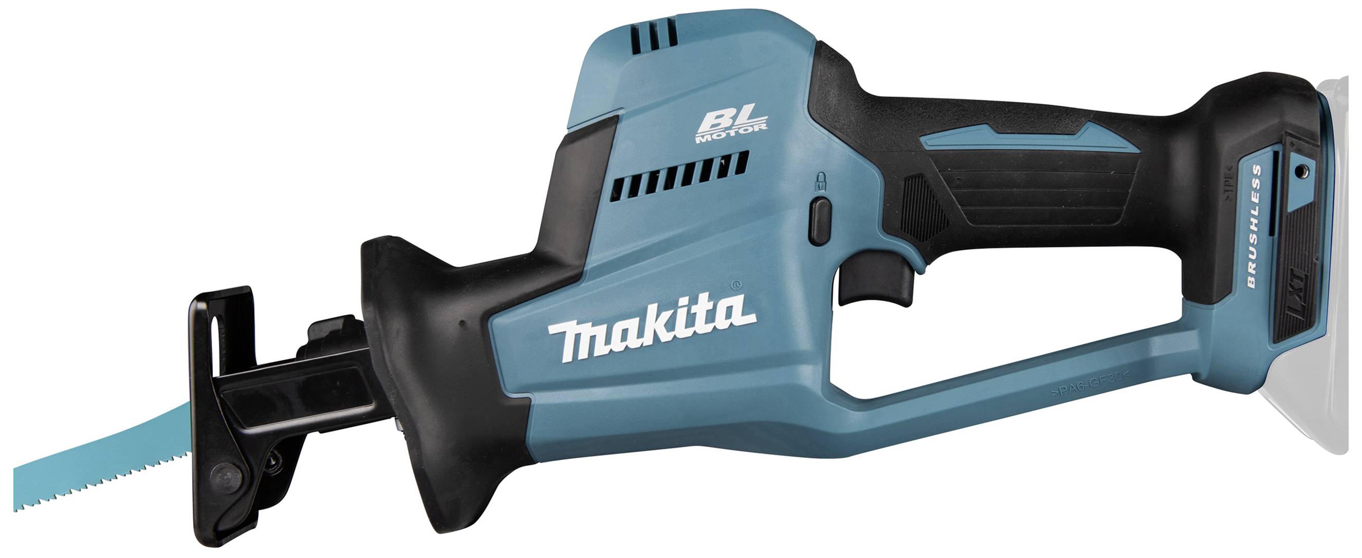 Bild zeigt eine kabellose, blaue Säbelsäge mit einem ergonomischen Handgriff und einem Markennamen darauf.