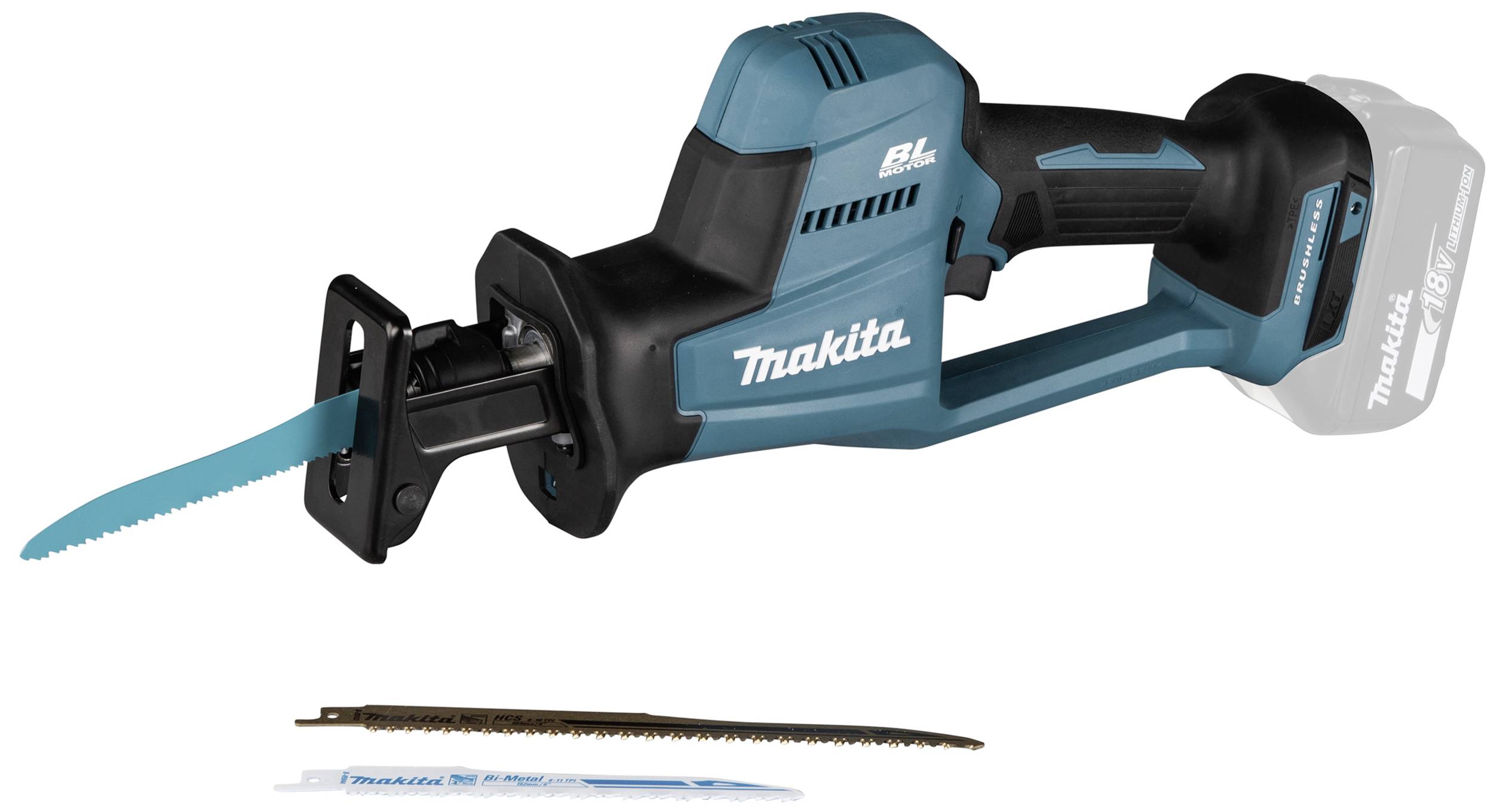 Akku-Säbelsäge in Blau mit schwarzem Griff. Im Vordergrund zwei Ersatzsägeblätter. Geeignet für Holz- und Metallarbeiten.