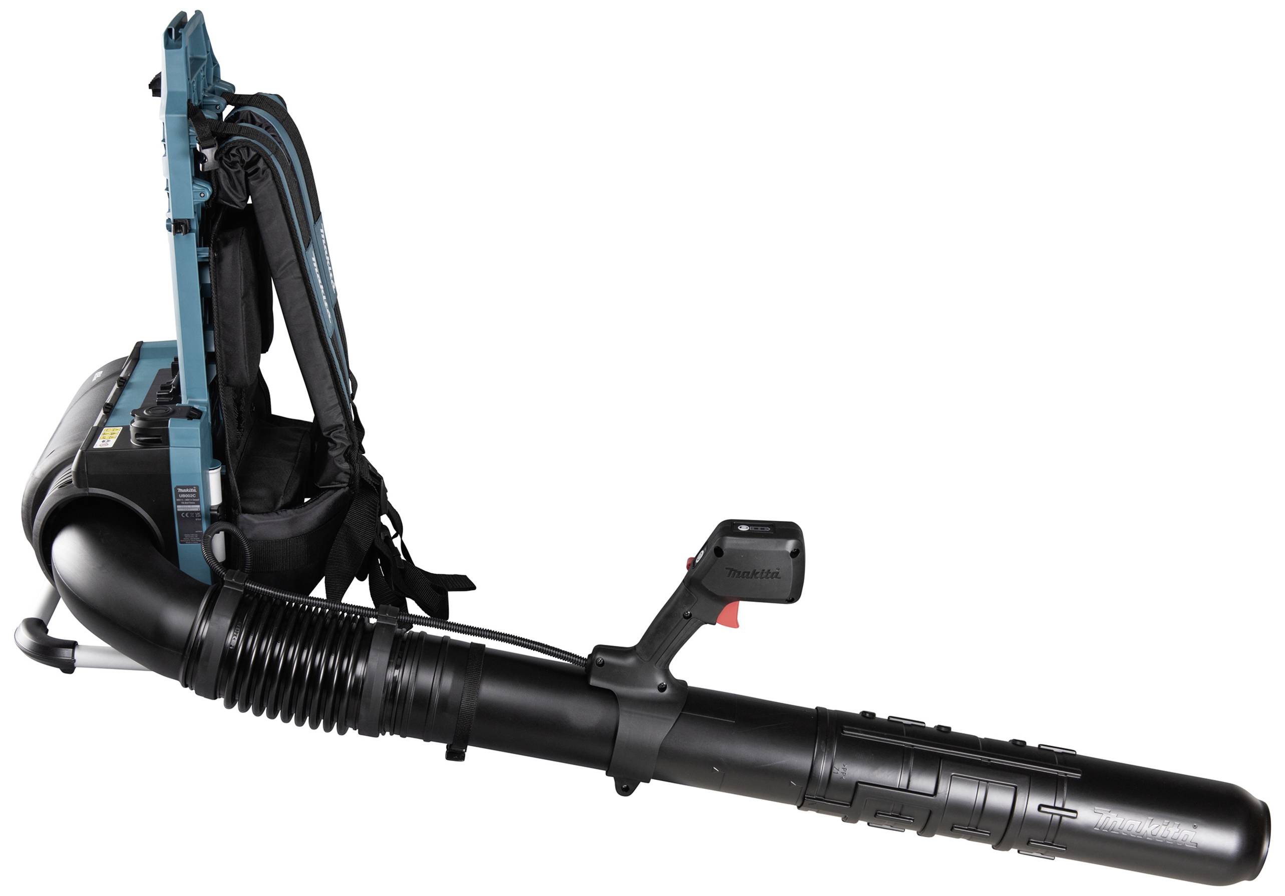 Ein schwarzer Laubbläser mit Rucksacktragesystem und blauer Polsterung, geeignet für Gartenarbeiten oder das Entfernen von Laub.