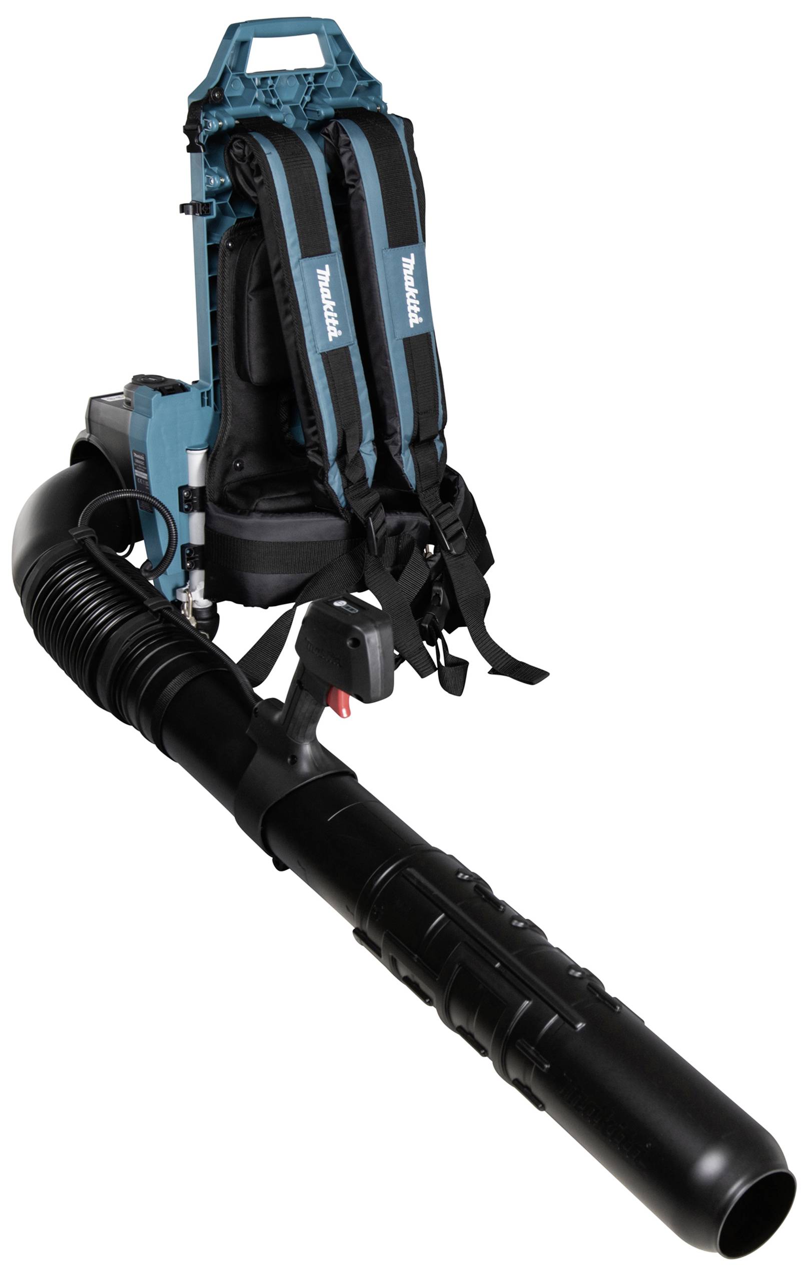 Ein tragbarer Laubbläser mit einem großen schwarzen Ausblasrohr und einem blauen Rucksack-Gestell.