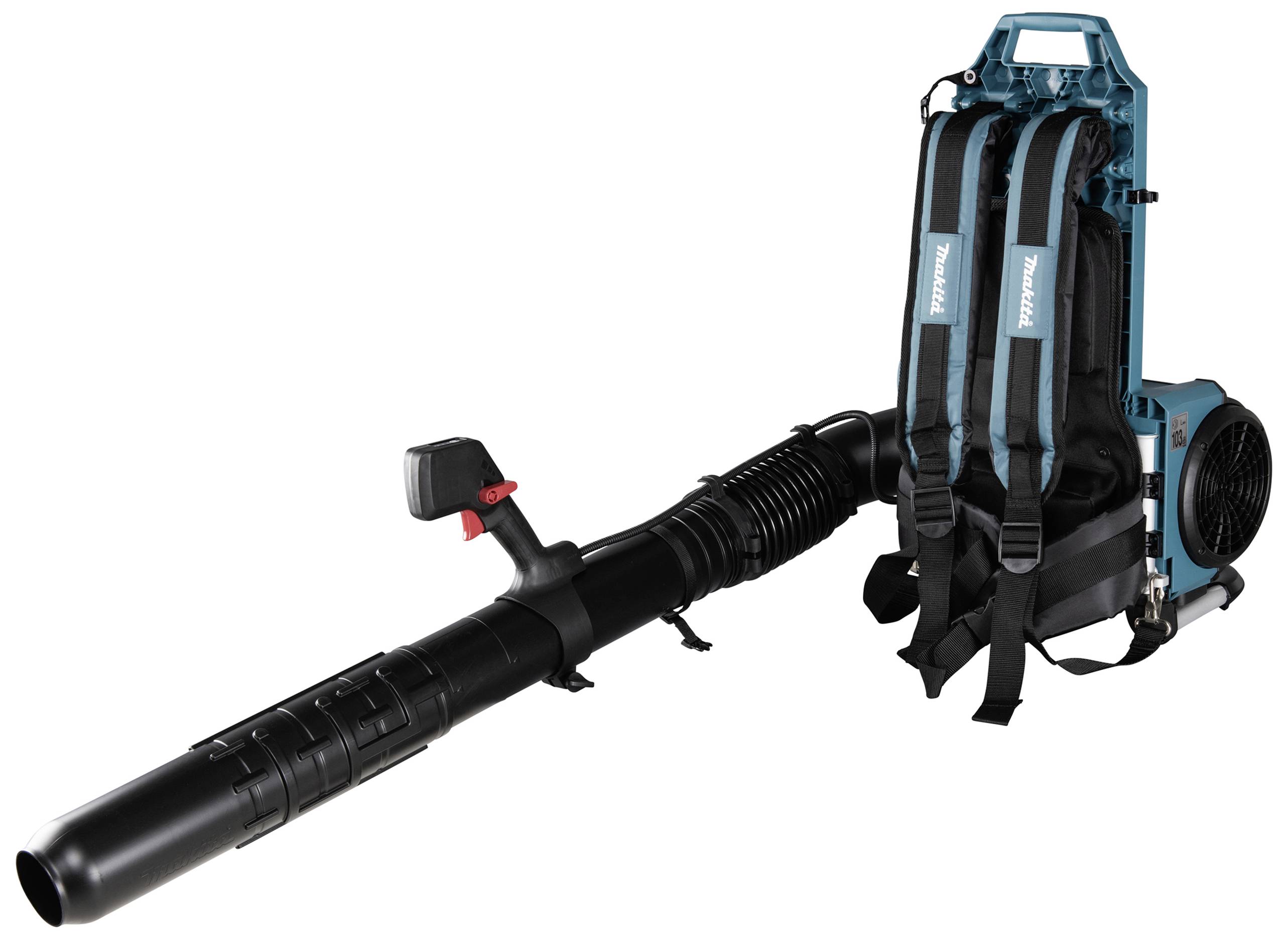 Akku-Rucksack-Laubbläser mit schwarzem Blasrohr und blauem Motor mit Tragegurten, für effizientes Entfernen von Laub.