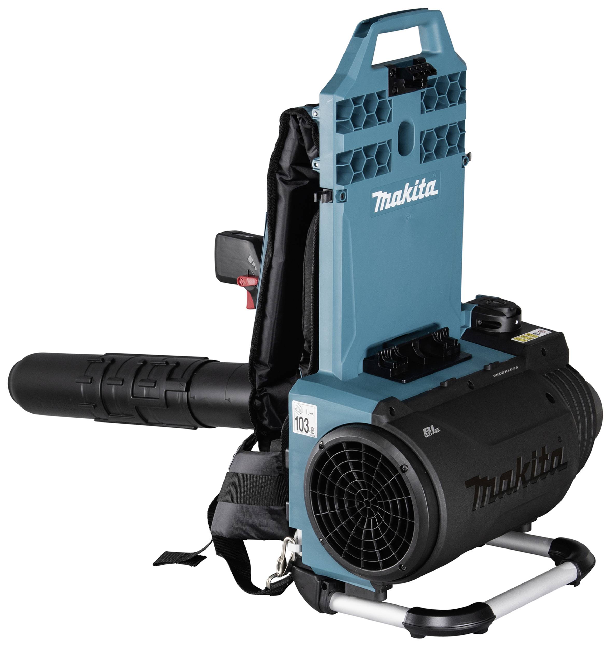Ein blauer, tragbarer Laubbläser der Marke Makita mit einem schwarzen Gebläserohr, Rückentragegurten und Bedienelementen am Griff.