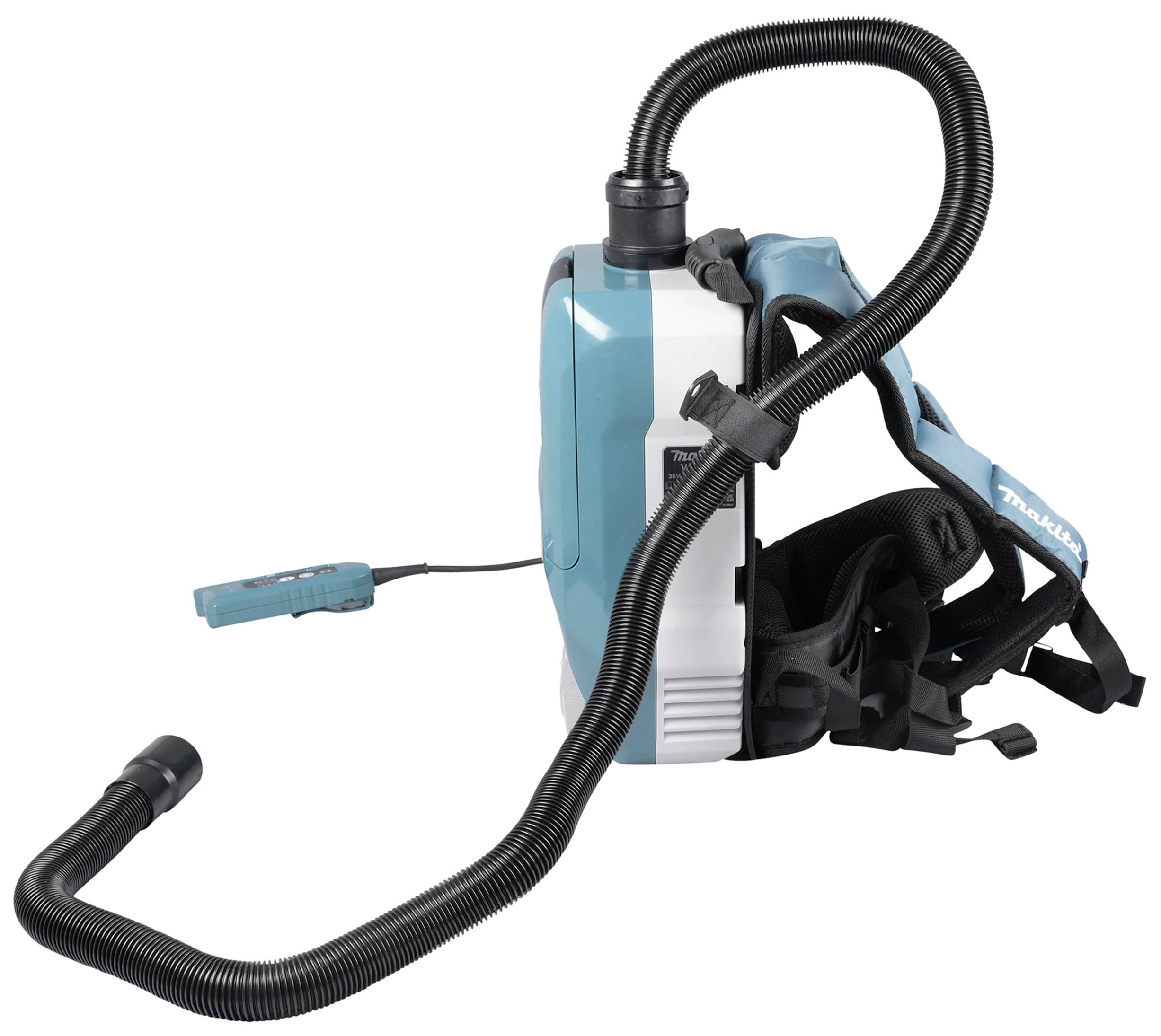 Ein kabelloser Rucksackstaubsauger mit verstellbaren Gurten und flexiblem Saugrohr, ideal für bequemes Reinigen großer Flächen.