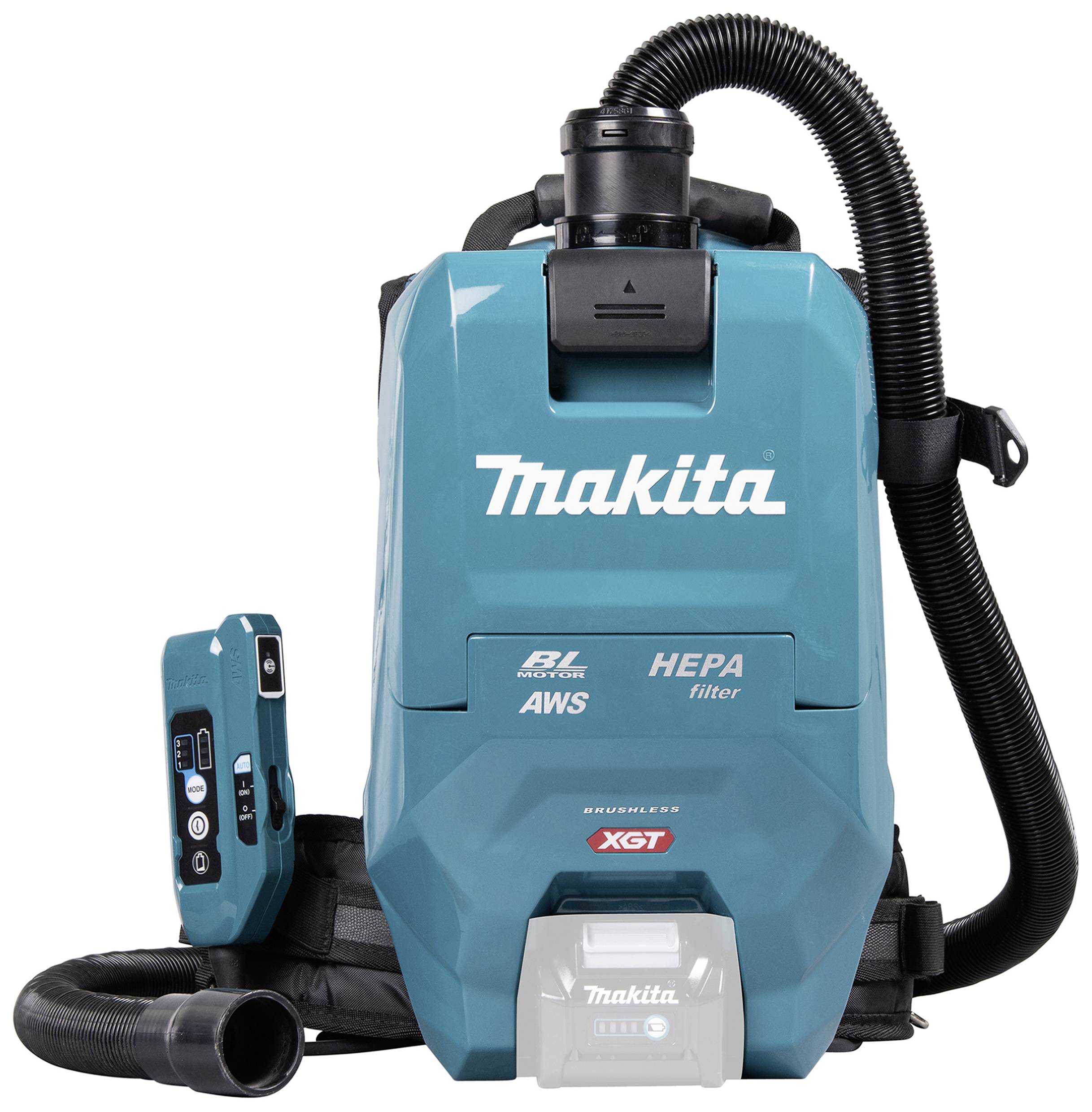 Makita XGT Staubsauger mit HEPA-Filter und AWS-Technologie. Rucksackdesign mit Saugschlauch und abnehmbarem Bedienteil.