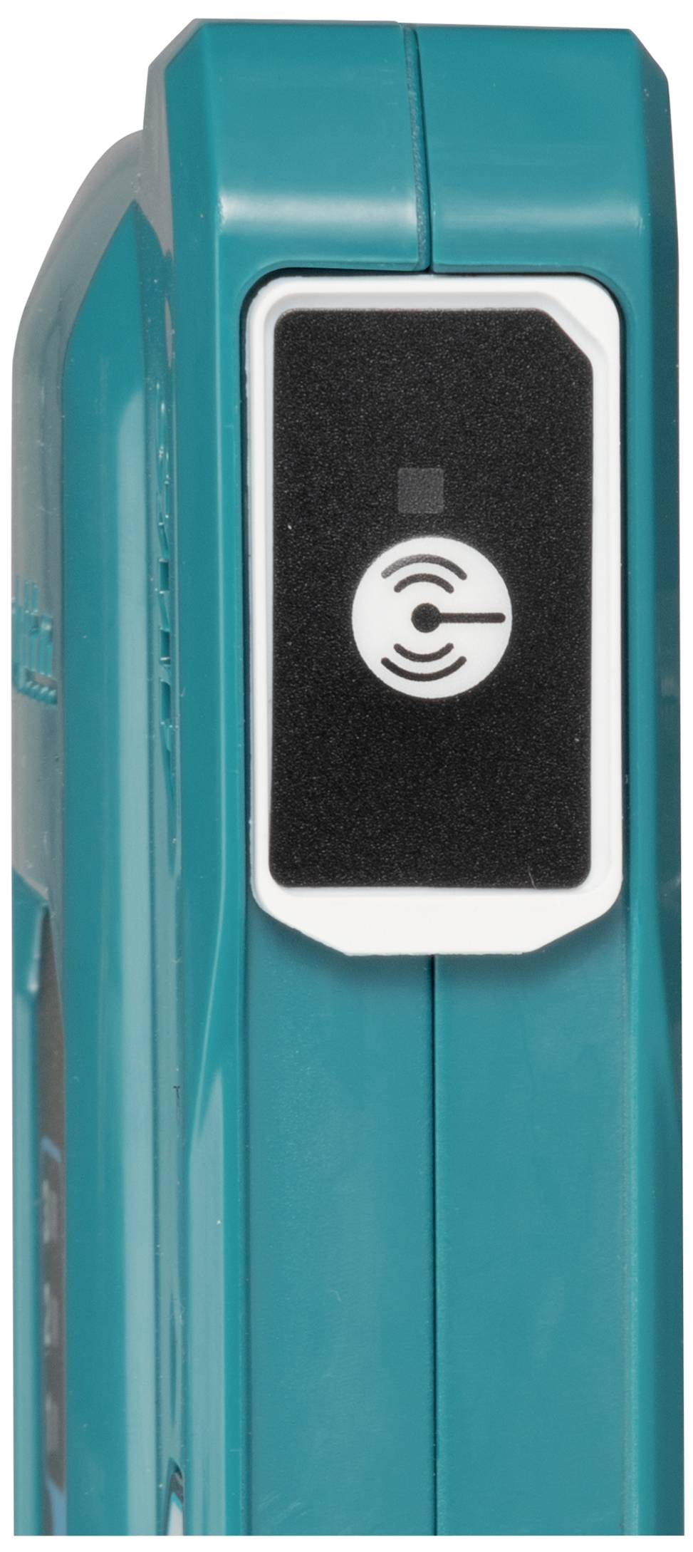 Nahaufnahme eines blauen Geräts mit schwarzem Bildschirm und Symbol für Funkübertragung oder NFC.