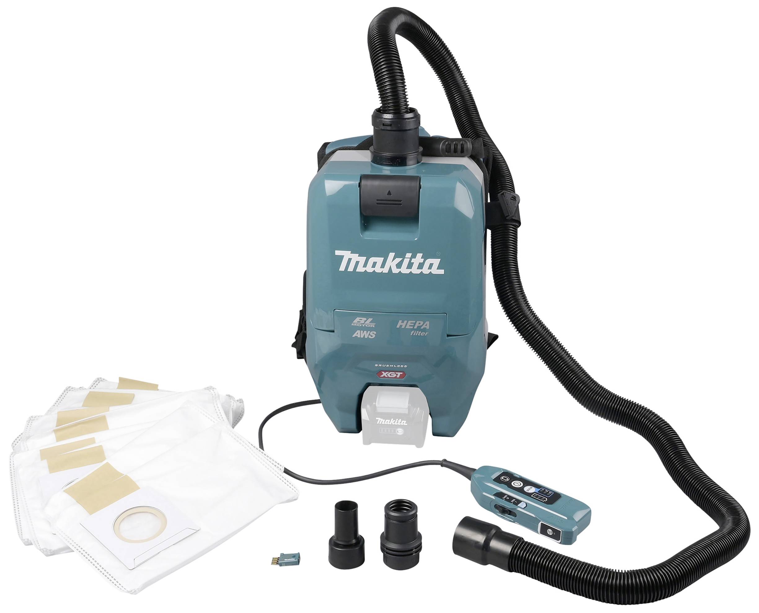 Rucksack-Staubsauger mit Zubehör inklusive Staubbeutel, verschiedenen Düsen und Steuerung. Geeignet für kabellose Nutzung mit HEPA-Filter.
