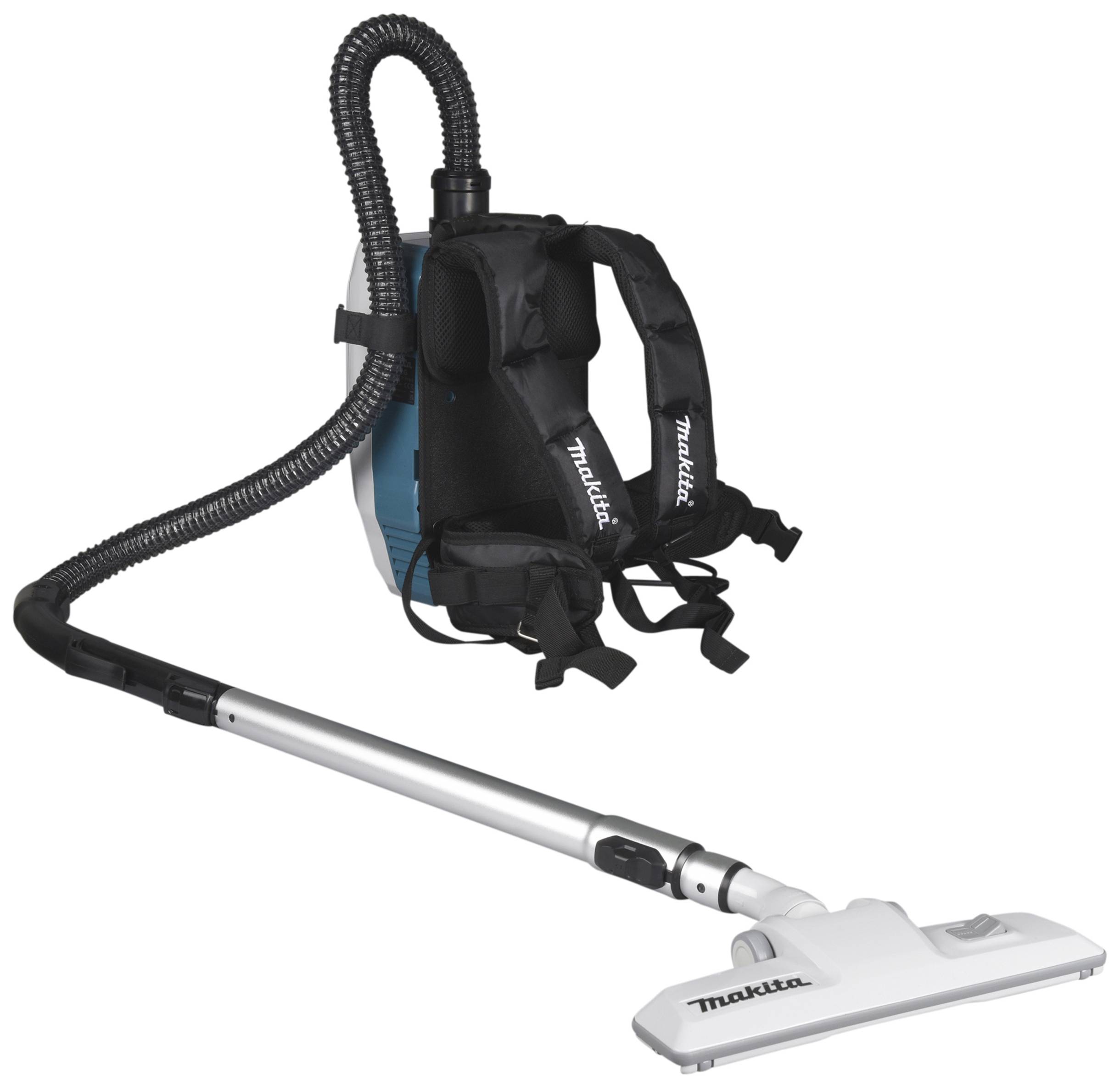 Ein batteriebetriebener Rucksackstaubsauger mit ergonomischem Design und verstellbaren Trägern, ideal für mobile Reinigungsarbeiten.