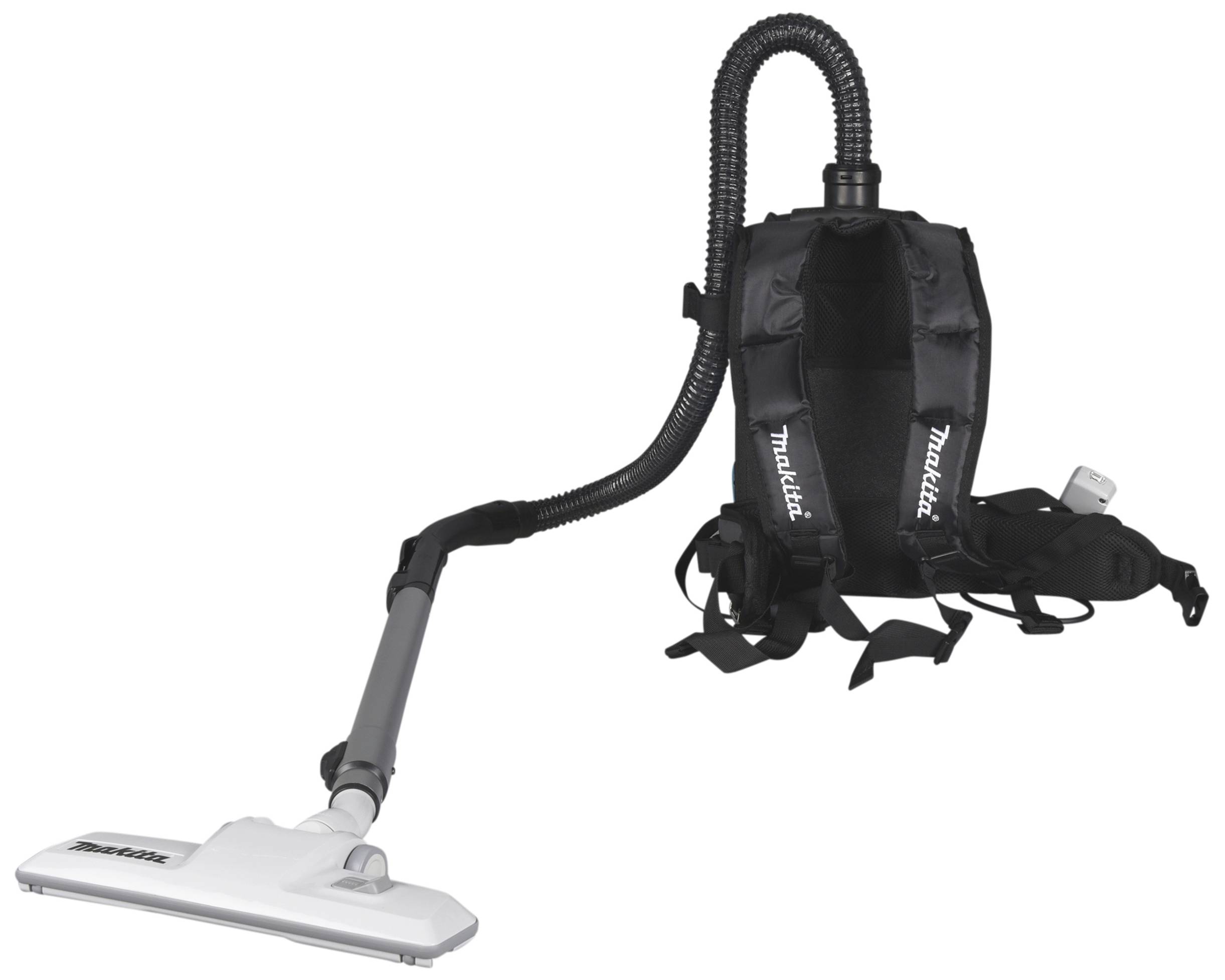 Rucksack-Staubsauger mit langem Schlauch und Bodendüse, geeignet für effizientes und tragbares Saugen.