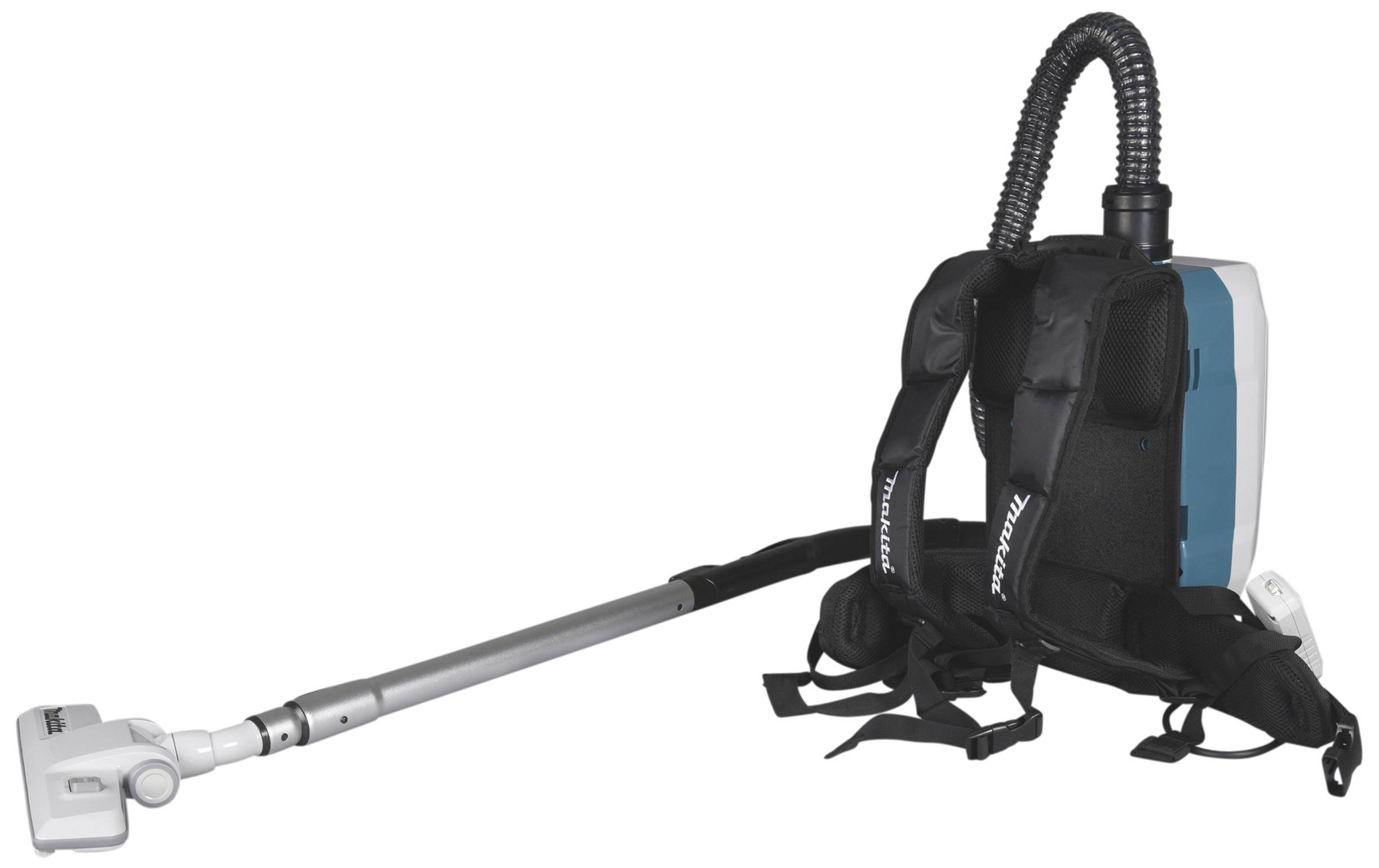 Ein tragbarer Rucksack-Staubsauger mit Schlauch und Düse. Ideal für flexibles Reinigen in schwer zugänglichen Bereichen.