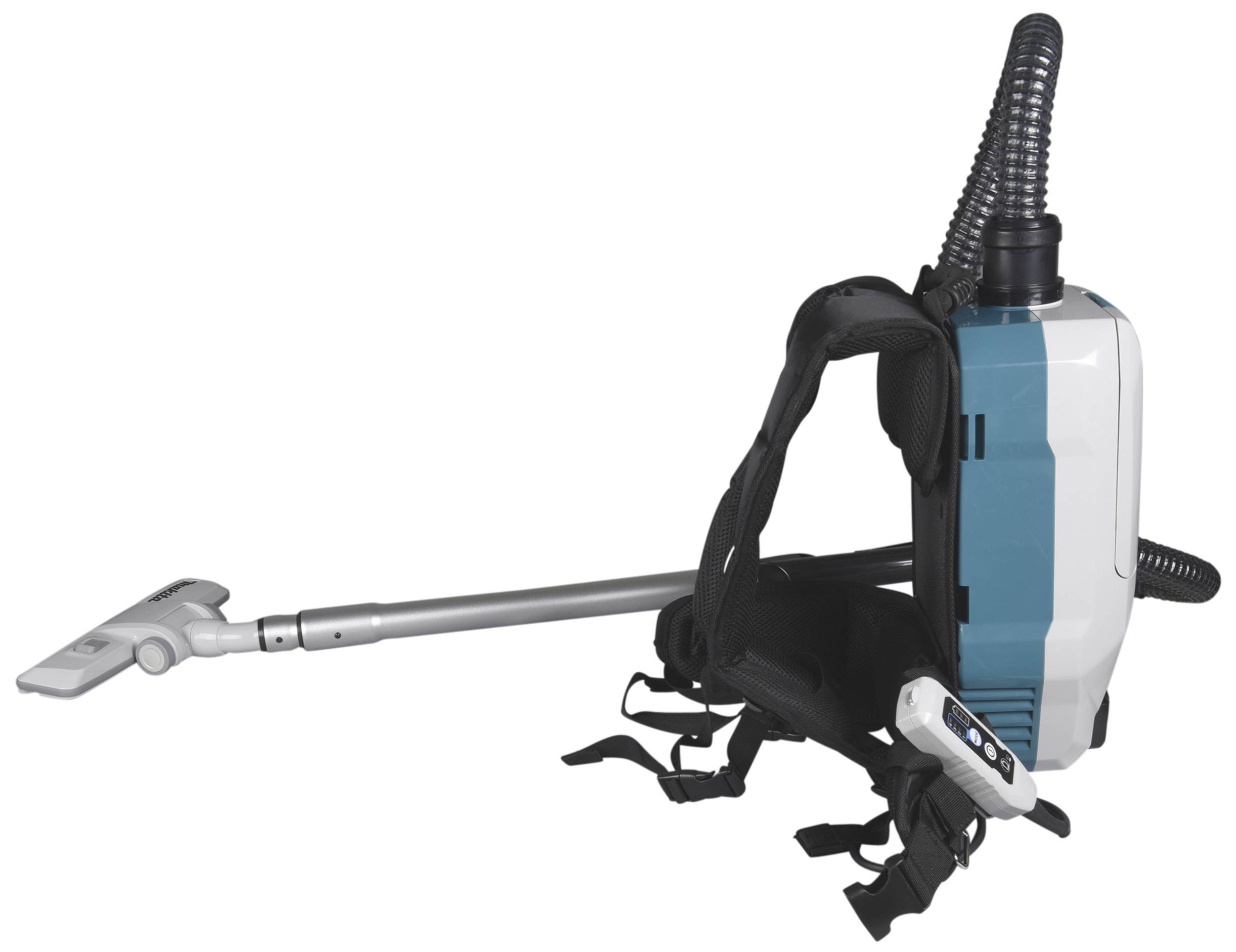 Ein Rucksack-Staubsauger mit einer langen Saugdüse, ergonomischem Gurt und einem flexiblen Saugschlauch, geeignet für effiziente Reinigung.