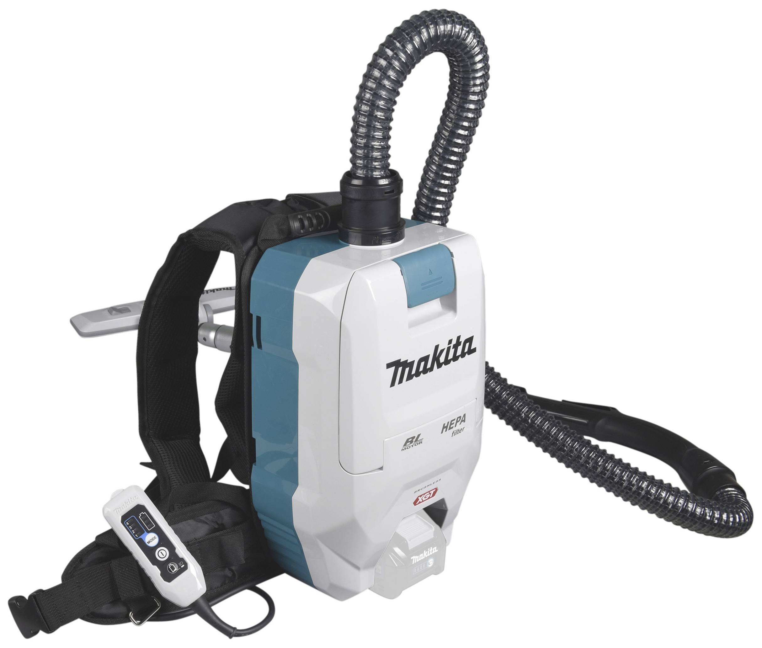 Tragbarer Staubsauger mit Rucksackgurten, blau-weiß, Marke erkennbar, flexible Schläuche; für mobilen Einsatz vorgesehen.