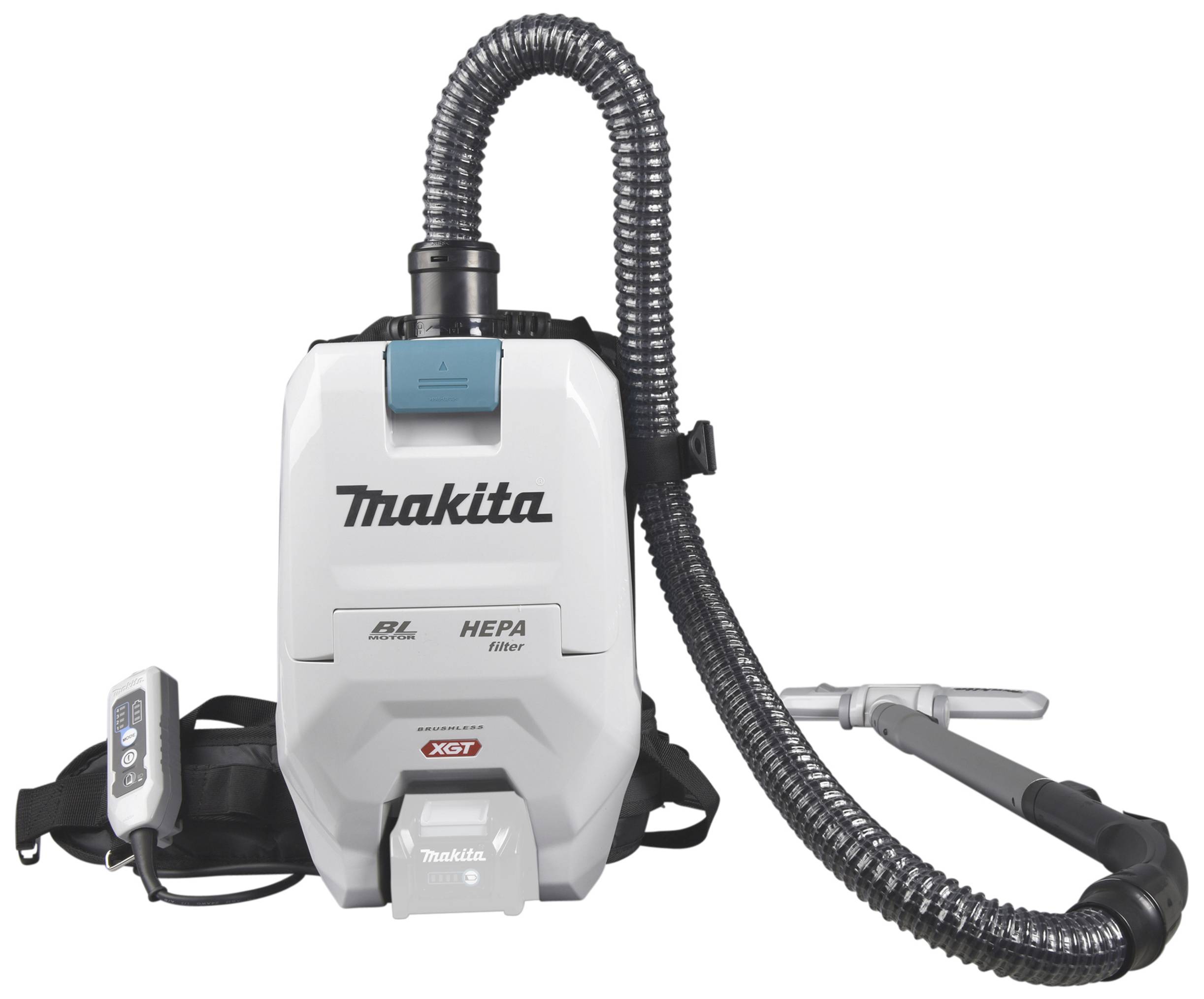 Makita Rucksackstaubsauger mit HEPA-Filter, weiß, mit flexiblem Schlauch und Steuerungselementen, zur professionellen Reinigung.