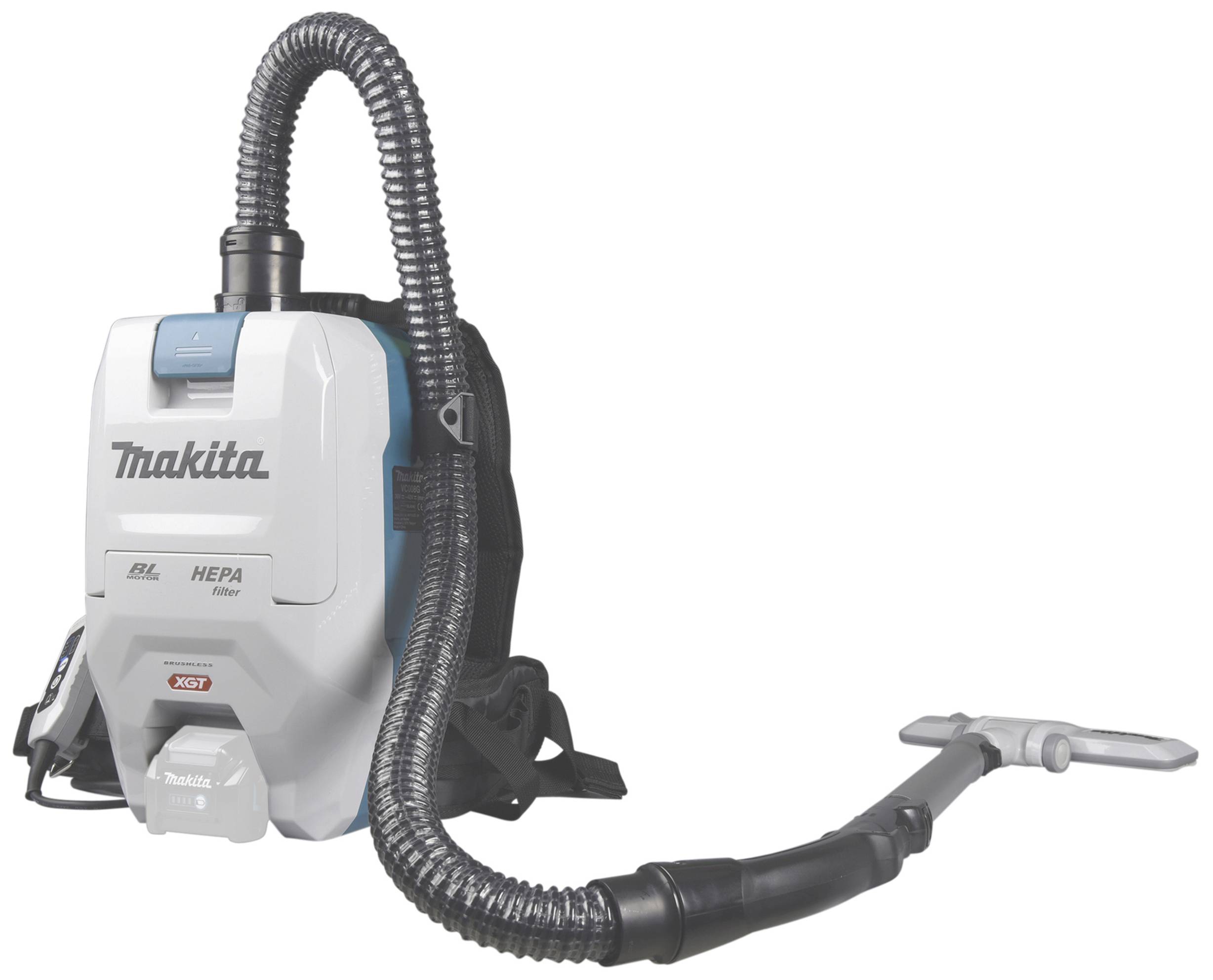 Makita Rucksackstaubsauger mit flexibler Düse und HEPA-Filter, geeignet für effiziente Reinigung, benutzerfreundlich und tragbar.