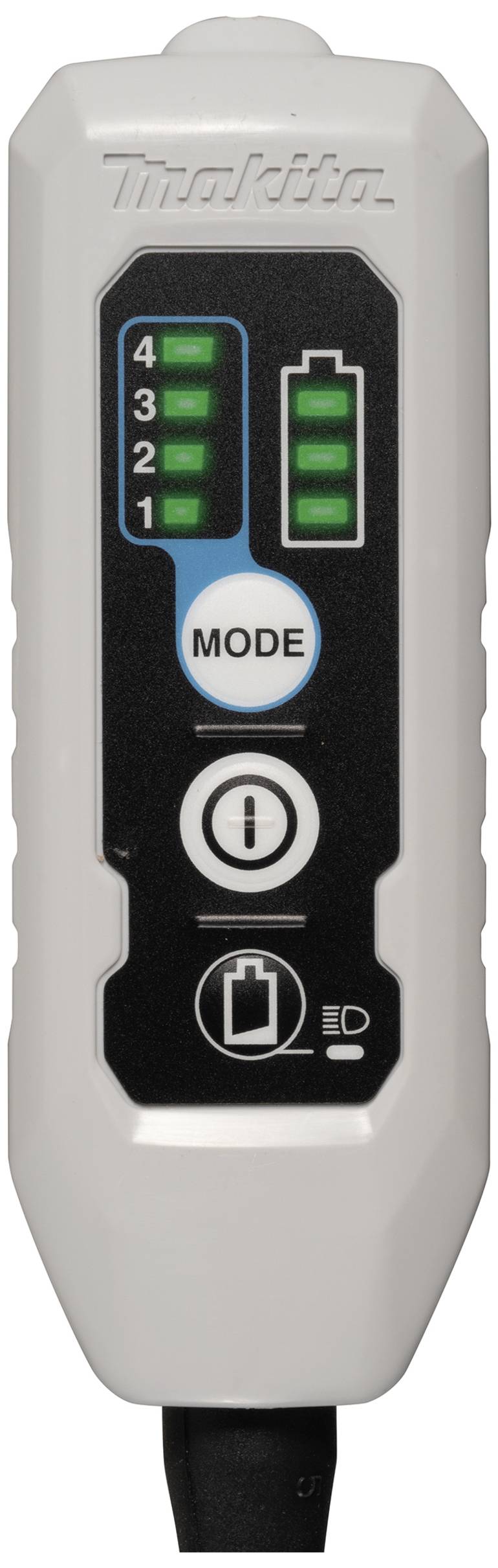 Ladeanzeige für ein elektrisches Werkzeug mit vier grünen Batteriestatusleuchten und einem 'Mode'-Knopf, zeigt Ladestand an.