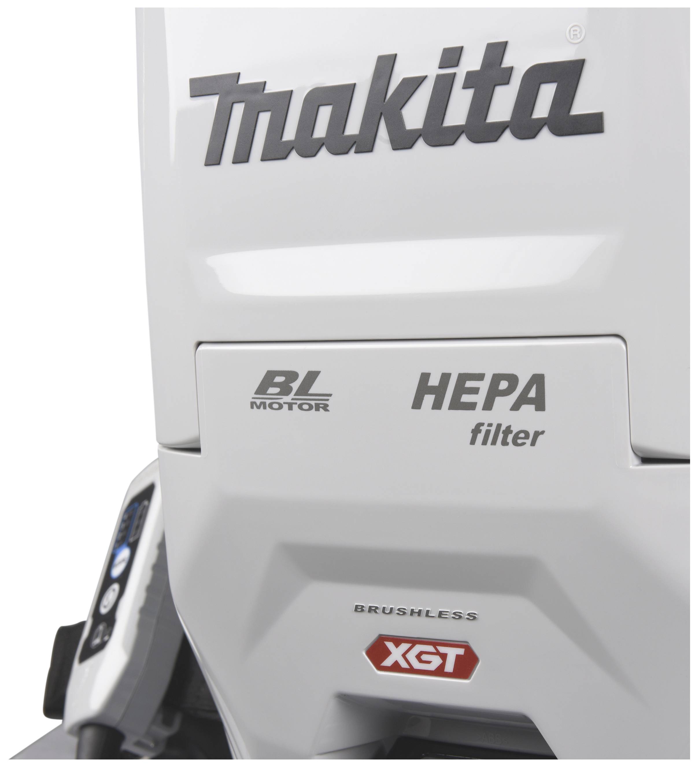 'Makita' Staubsauger mit BL Motor und HEPA-Filter, XGT Serie, Detailansicht der Gerätebeschriftung.